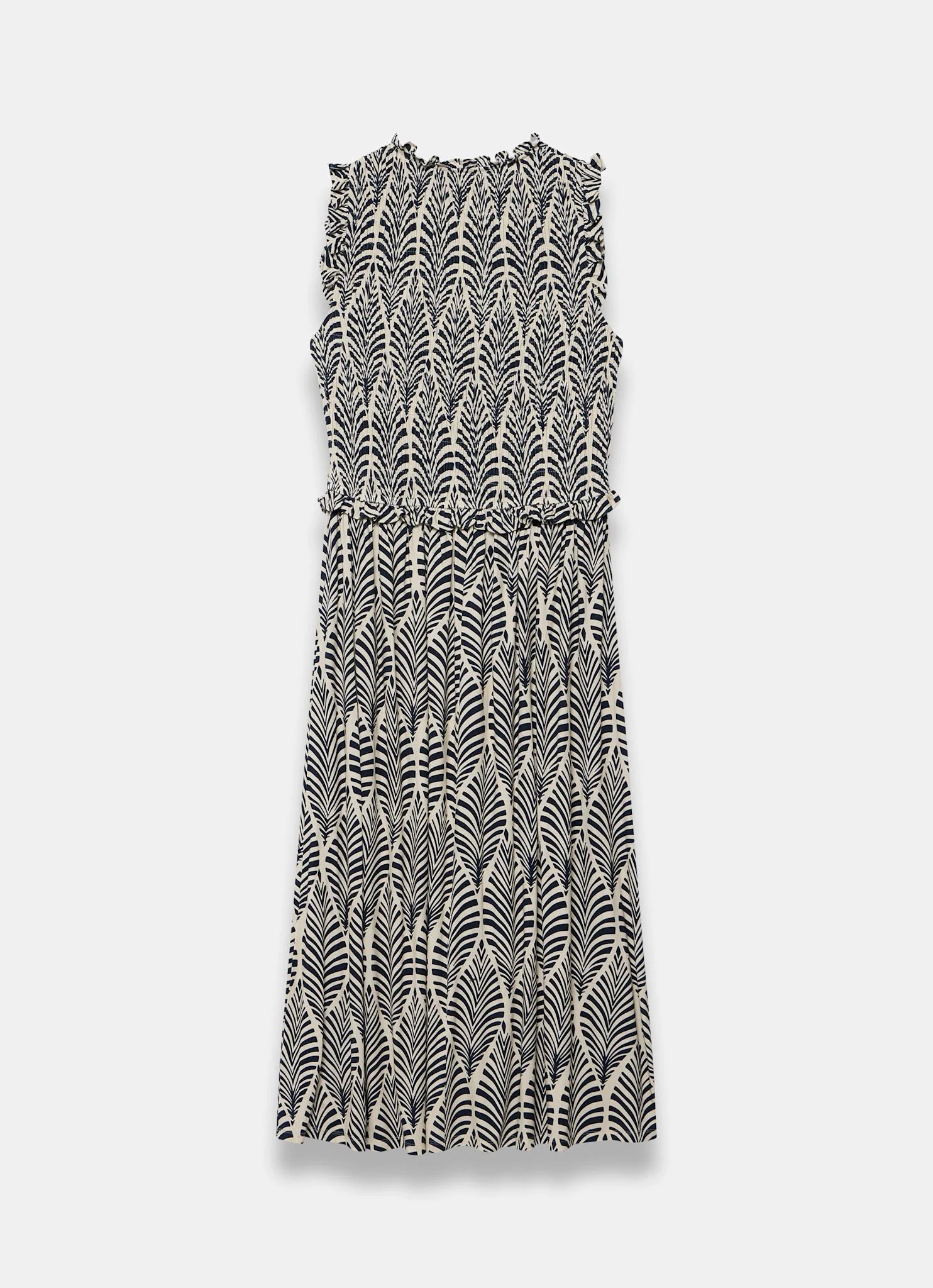Navy Print Shirred Midi Dress