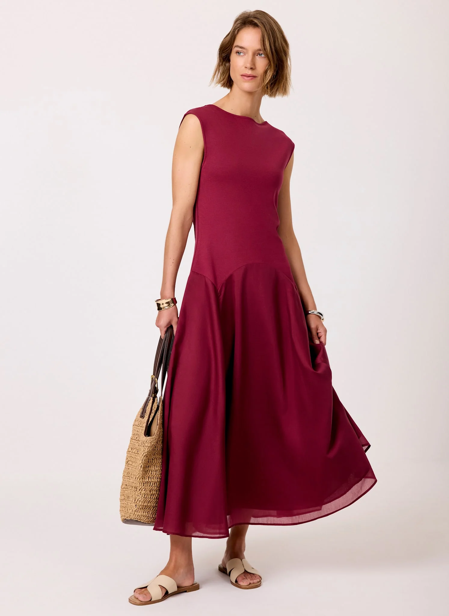 4344-burgundy-sleeveless-drop-waist-midi-dress-1.webp Burgundy Sleeveless Drop Waist Midi Dress