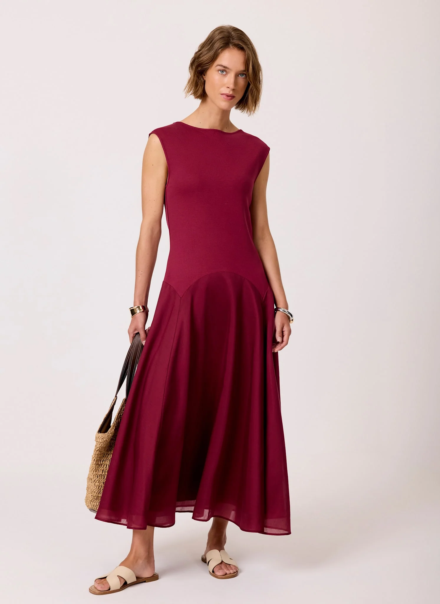 4344-burgundy-sleeveless-drop-waist-midi-dress-4.webp Burgundy Sleeveless Drop Waist Midi Dress