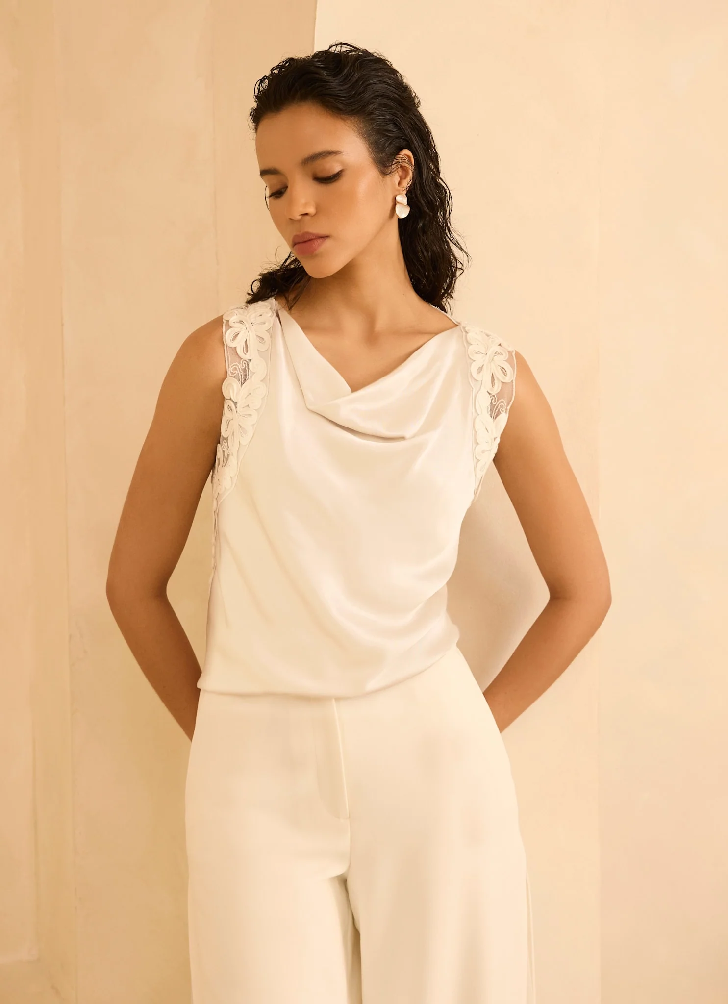 Cream Lace Satin Top