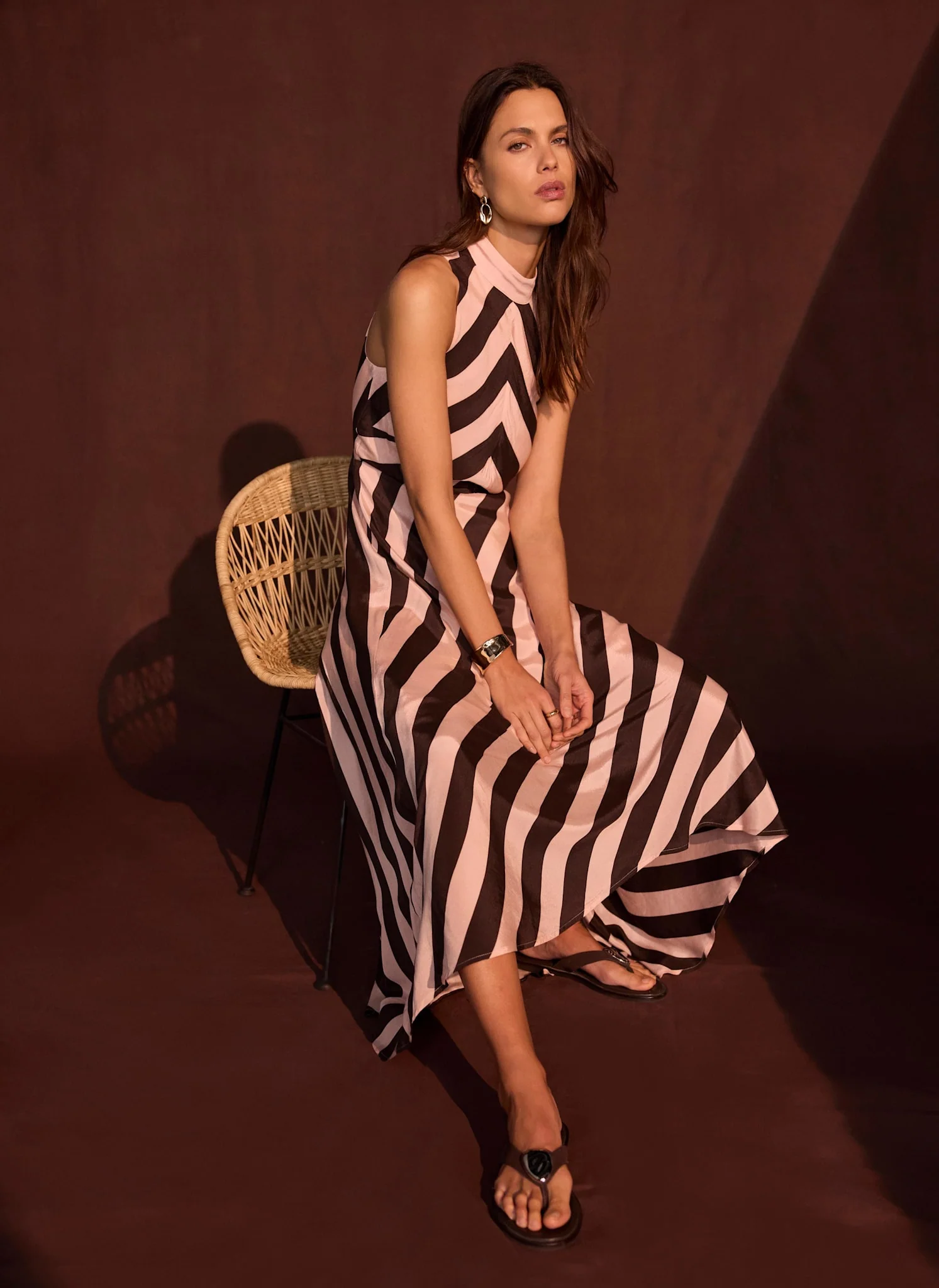 Pink & Brown Striped Halter Maxi Dress