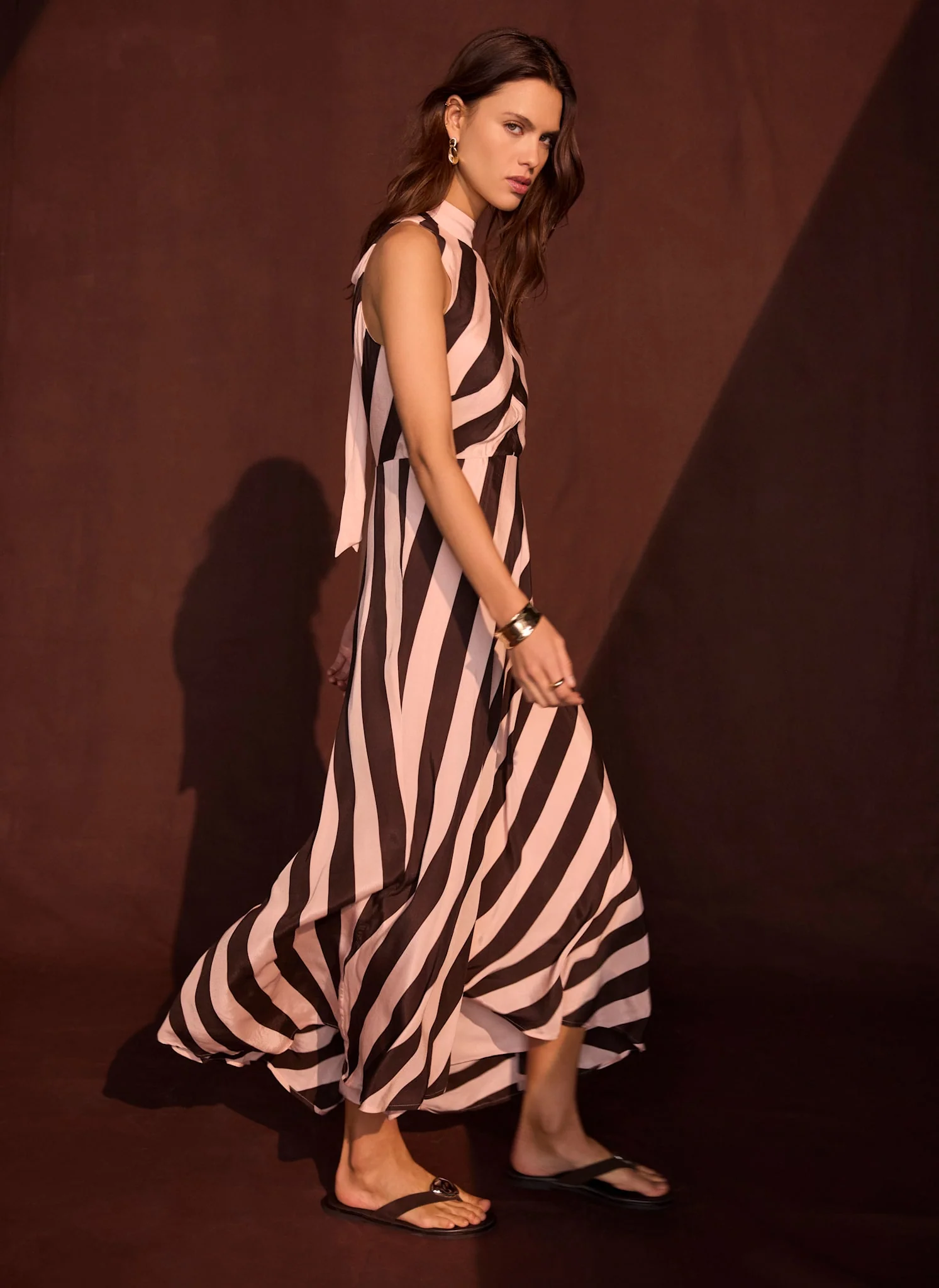 Pink & Brown Striped Halter Maxi Dress