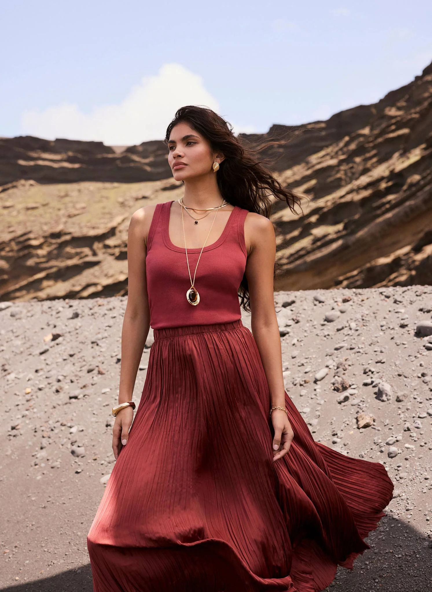 Red Crinkle Maxi Skirt