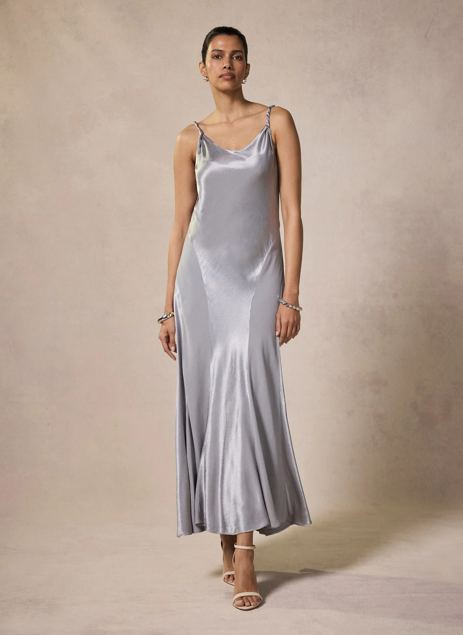 Silver Metallic Satin Maxi Slip Dress