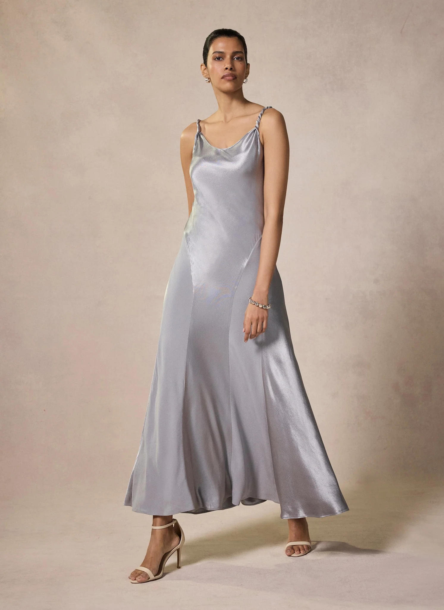 Silver Metallic Satin Maxi Slip Dress