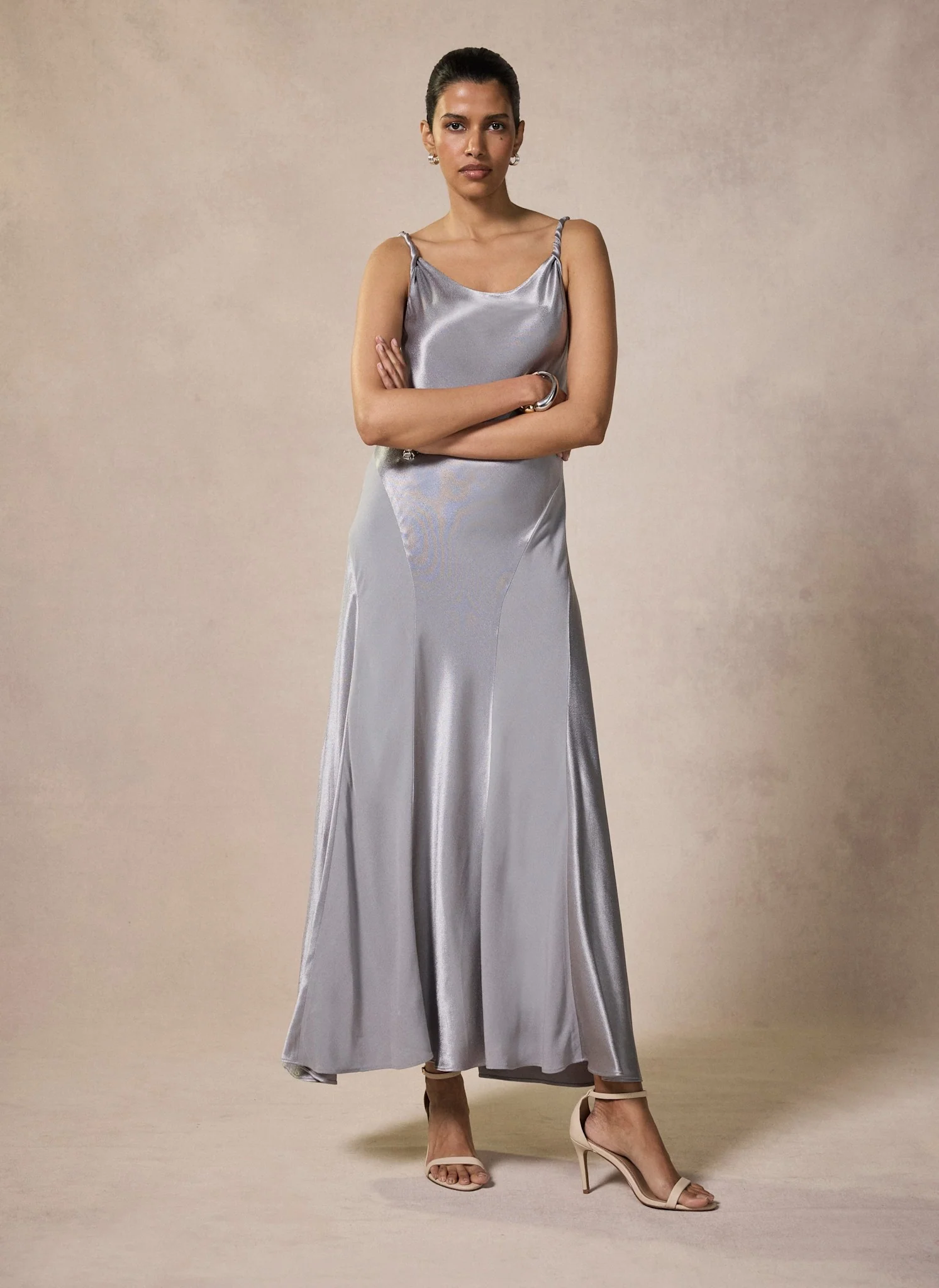 Silver Metallic Satin Maxi Slip Dress