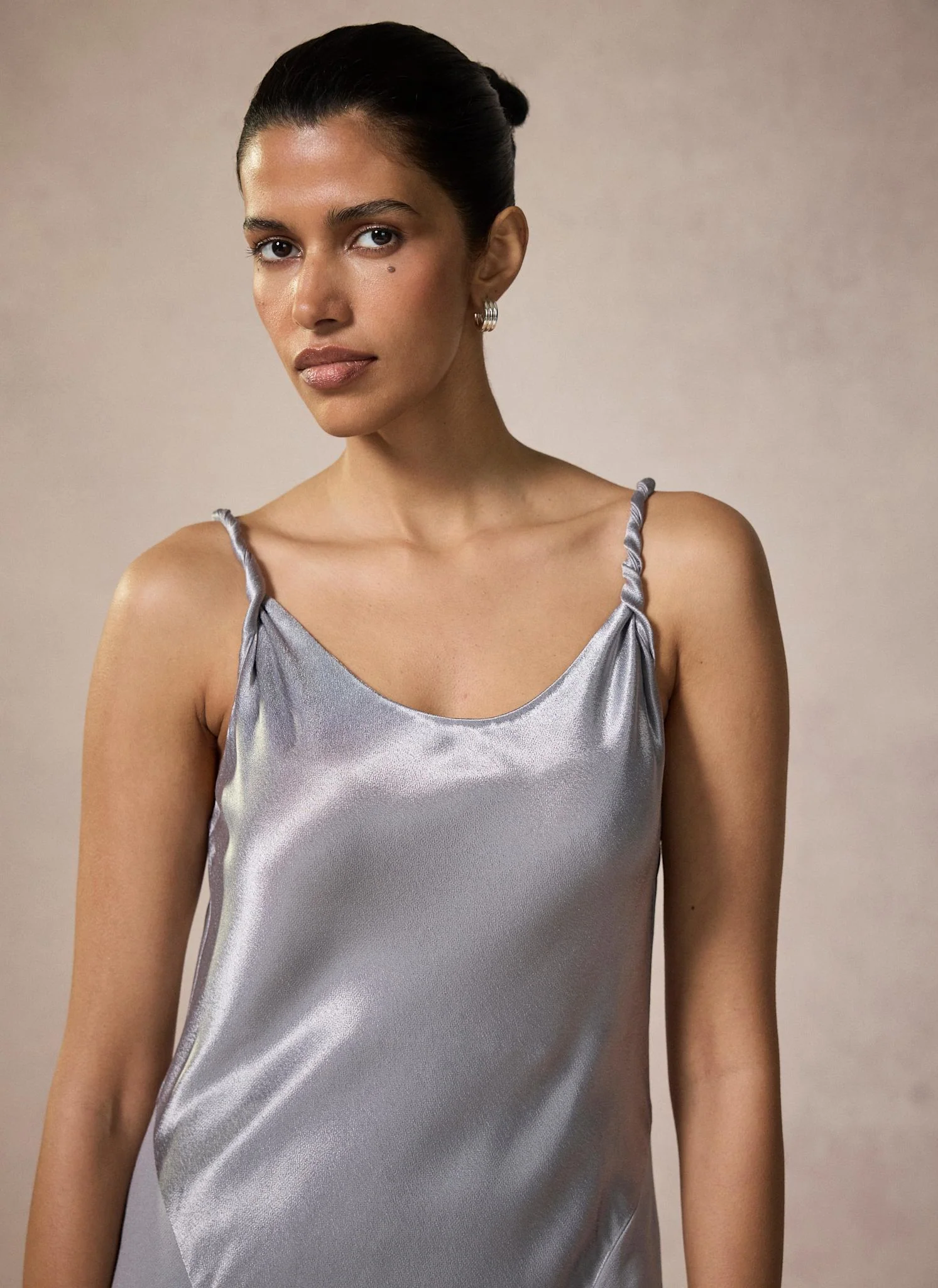 Silver Metallic Satin Maxi Slip Dress
