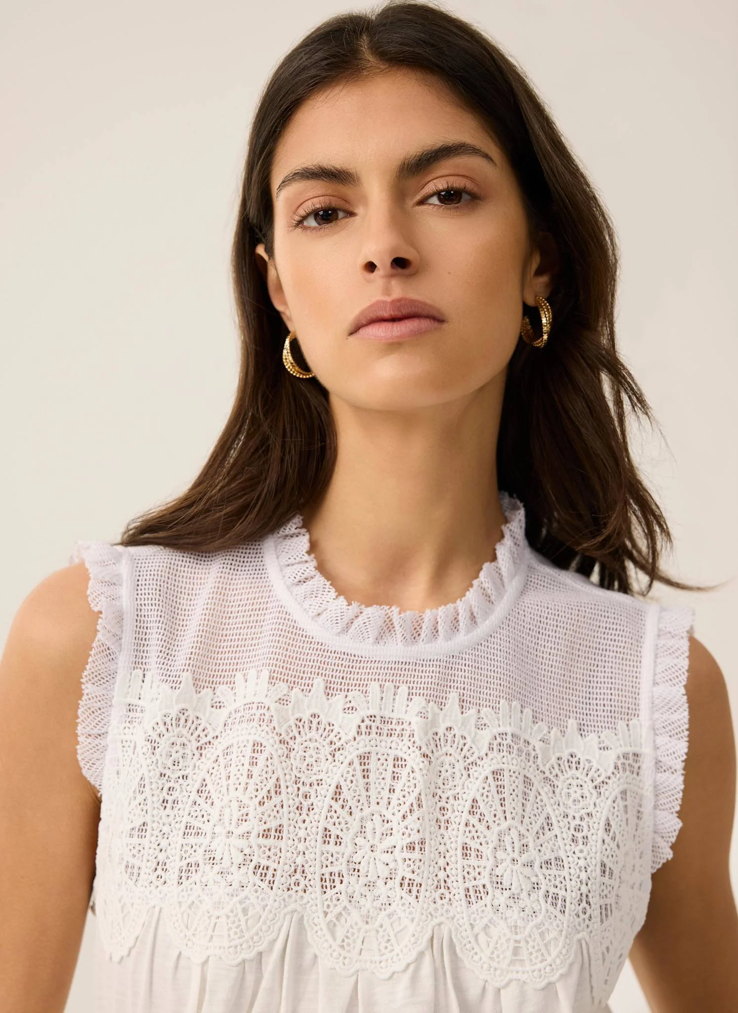 White Cotton Blend Lace Applique Top