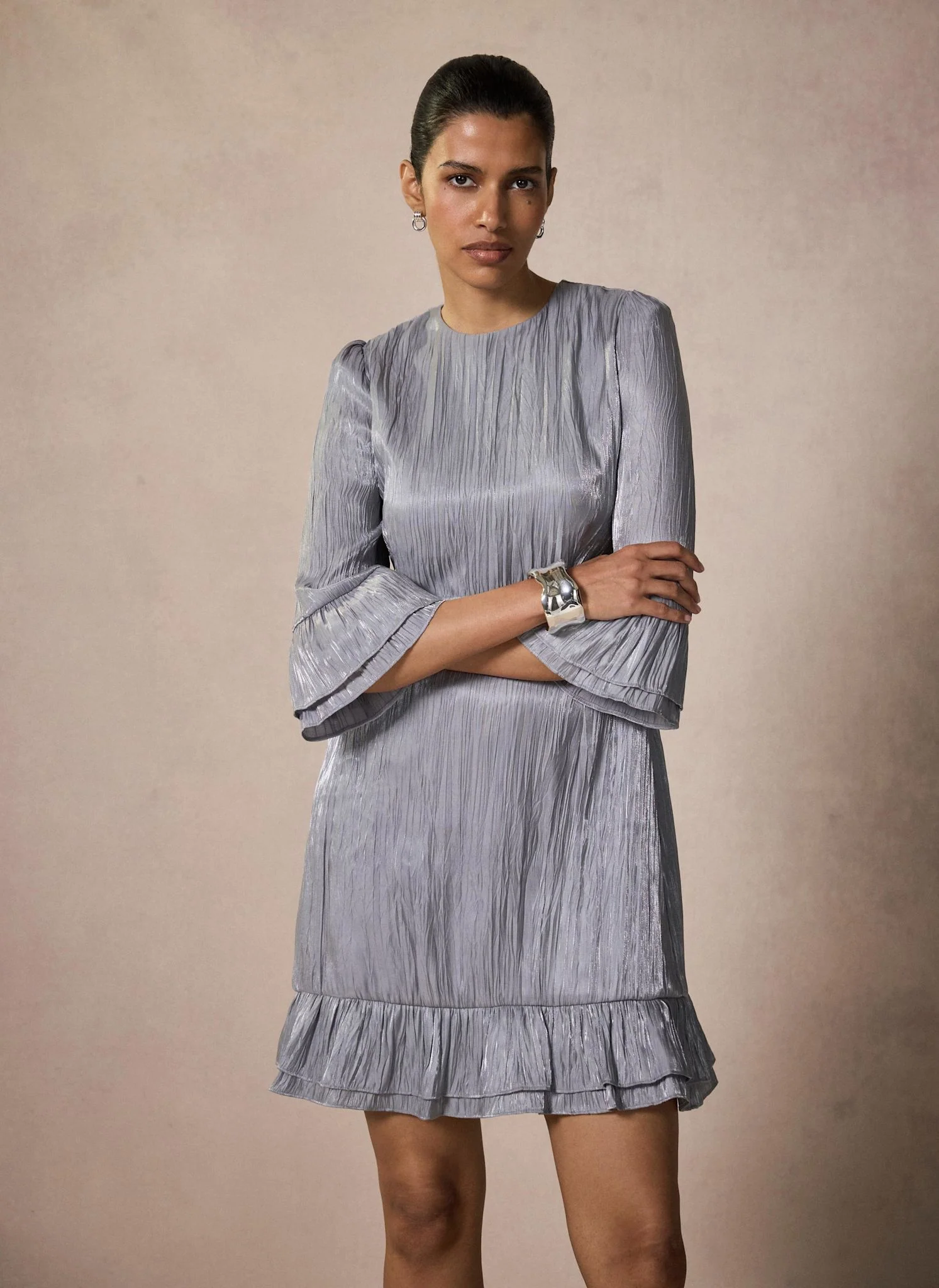 4452-silver-metallic-ruffle-mini-dress-1.webp Silver Metallic Ruffle Mini Dress