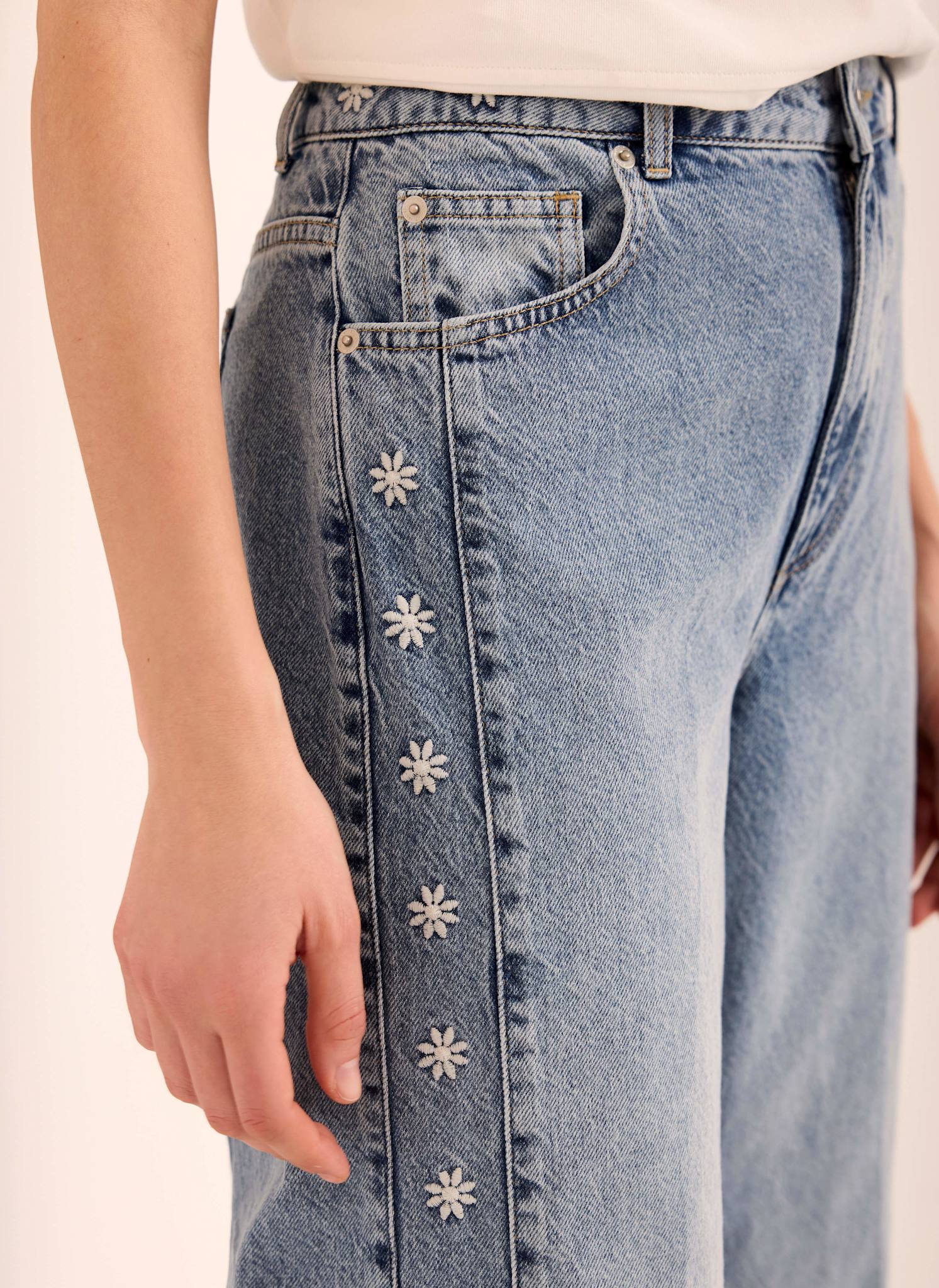 Mid Indigo Floral Embroidered Tapered Jeans