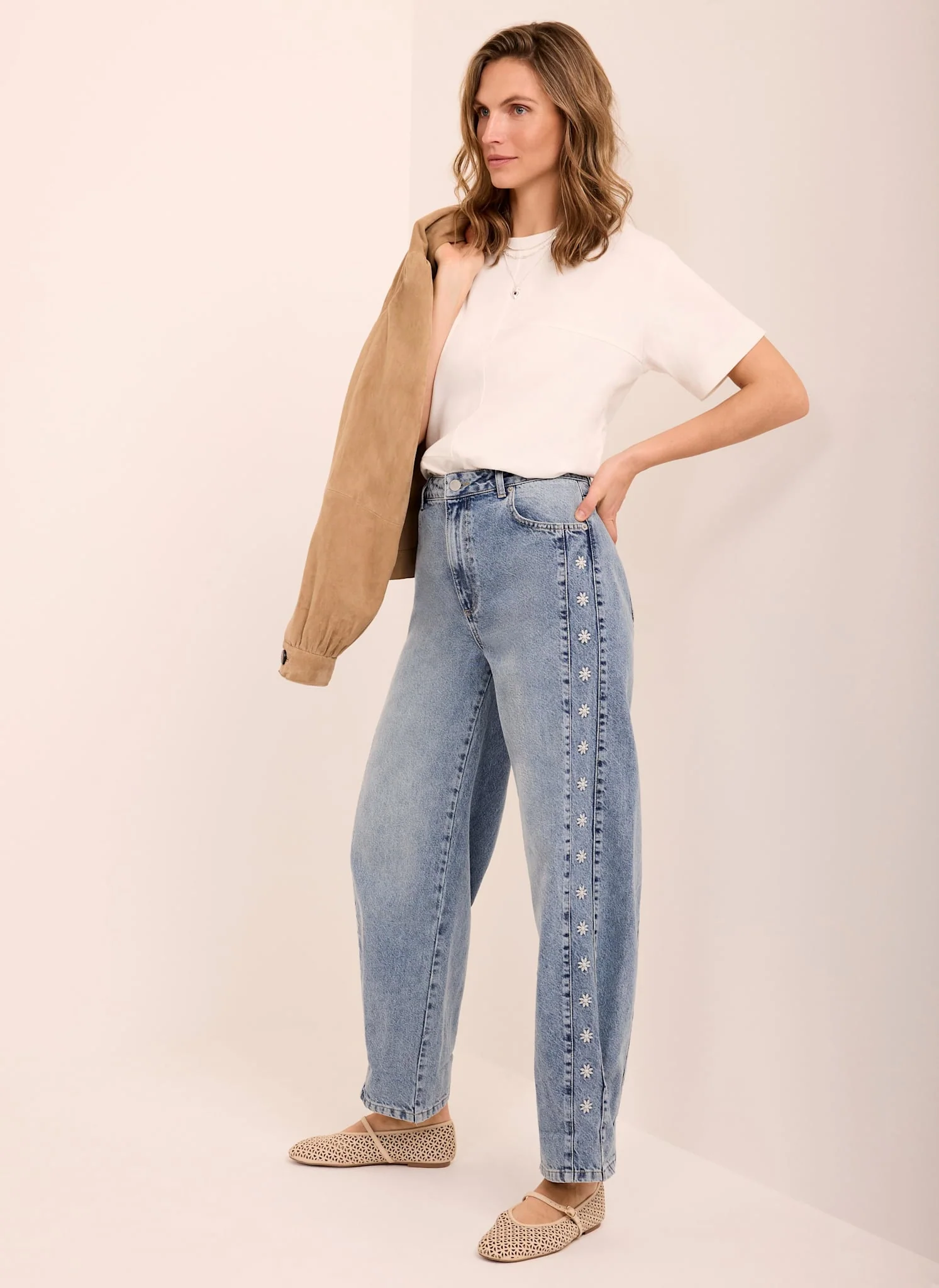 Mid Indigo Floral Embroidered Tapered Jeans