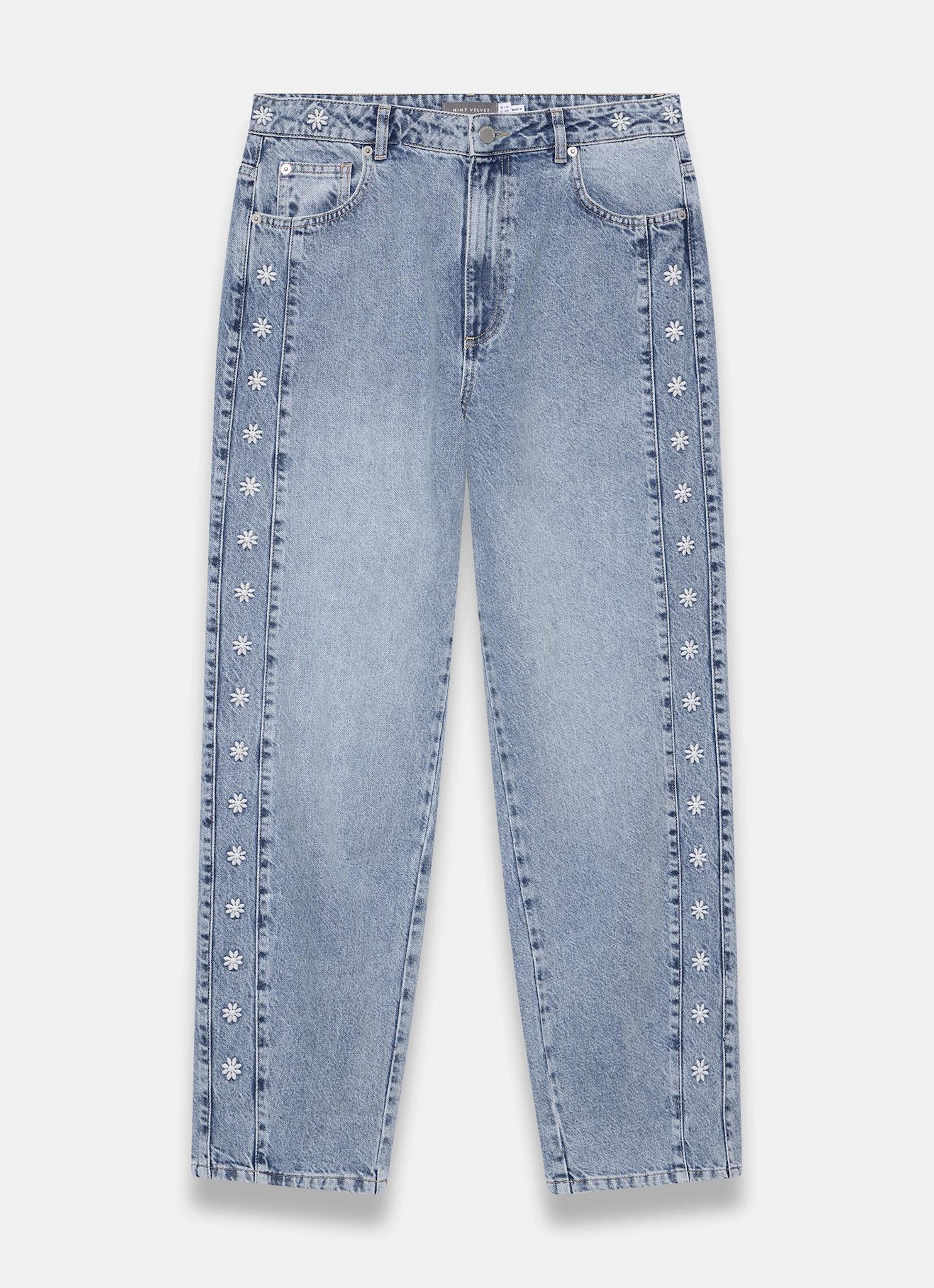 Mid Indigo Floral Embroidered Tapered Jeans