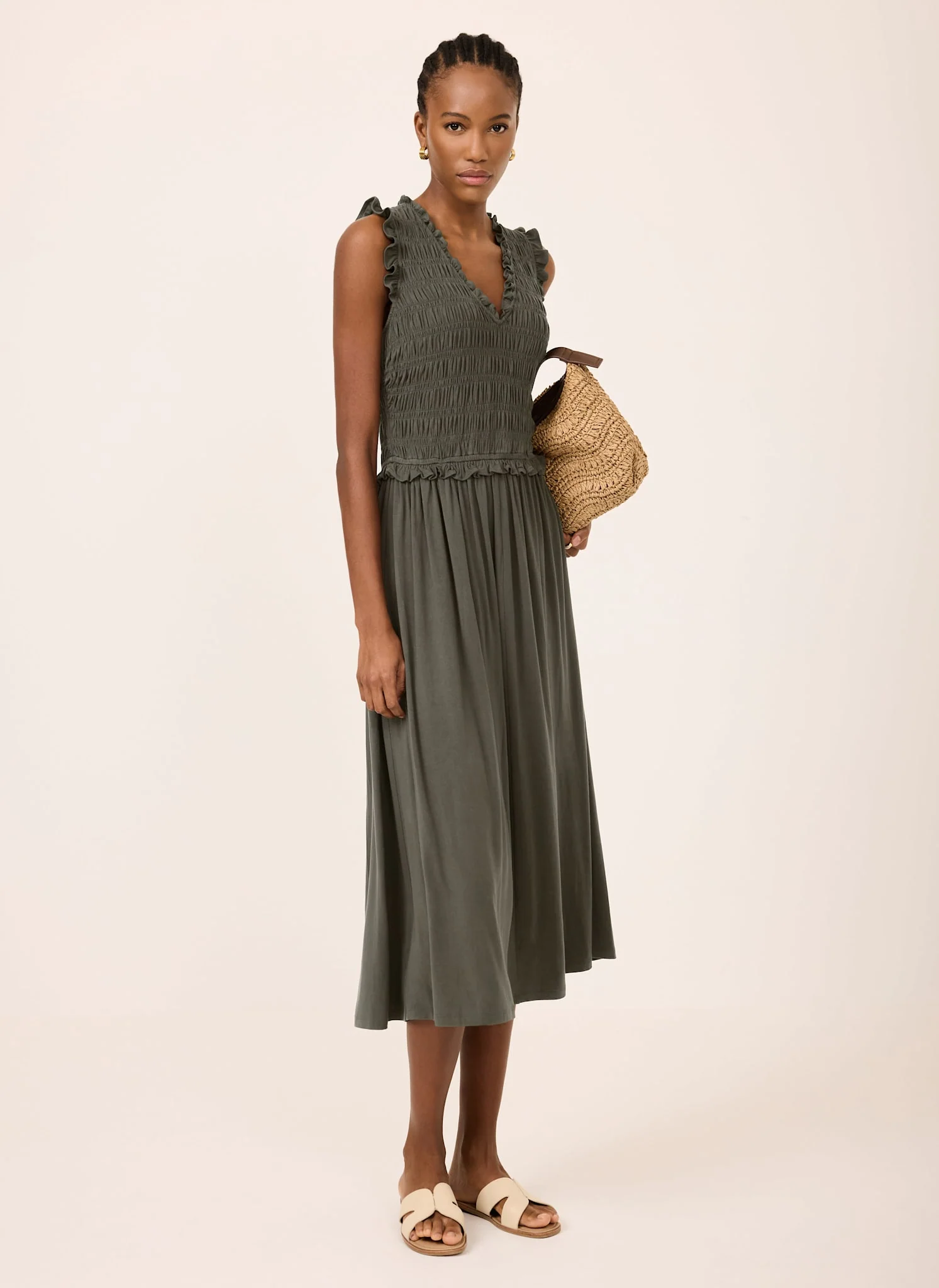 Khaki Shirred Ruffle Midi Dress