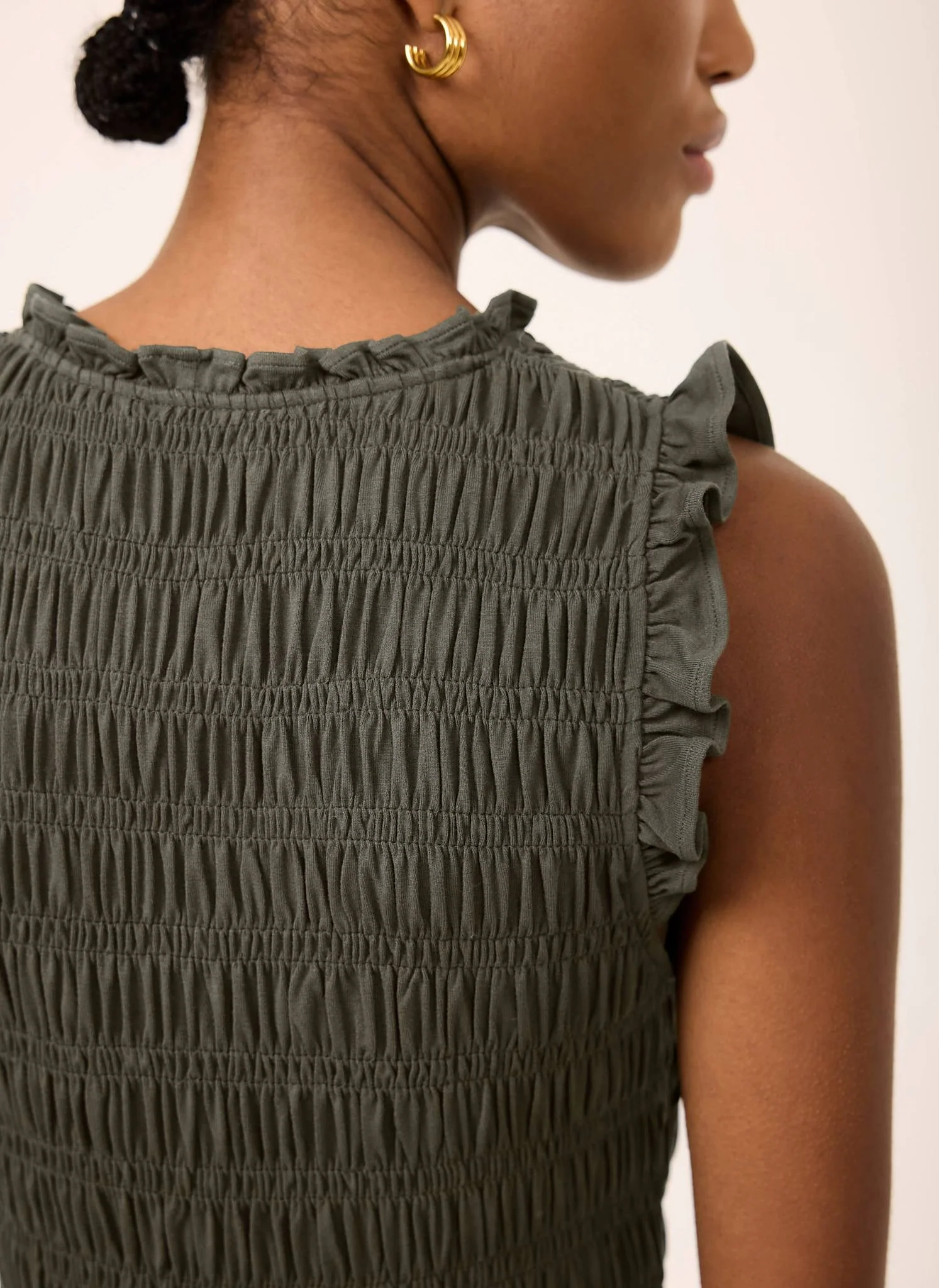 Khaki Shirred Ruffle Midi Dress