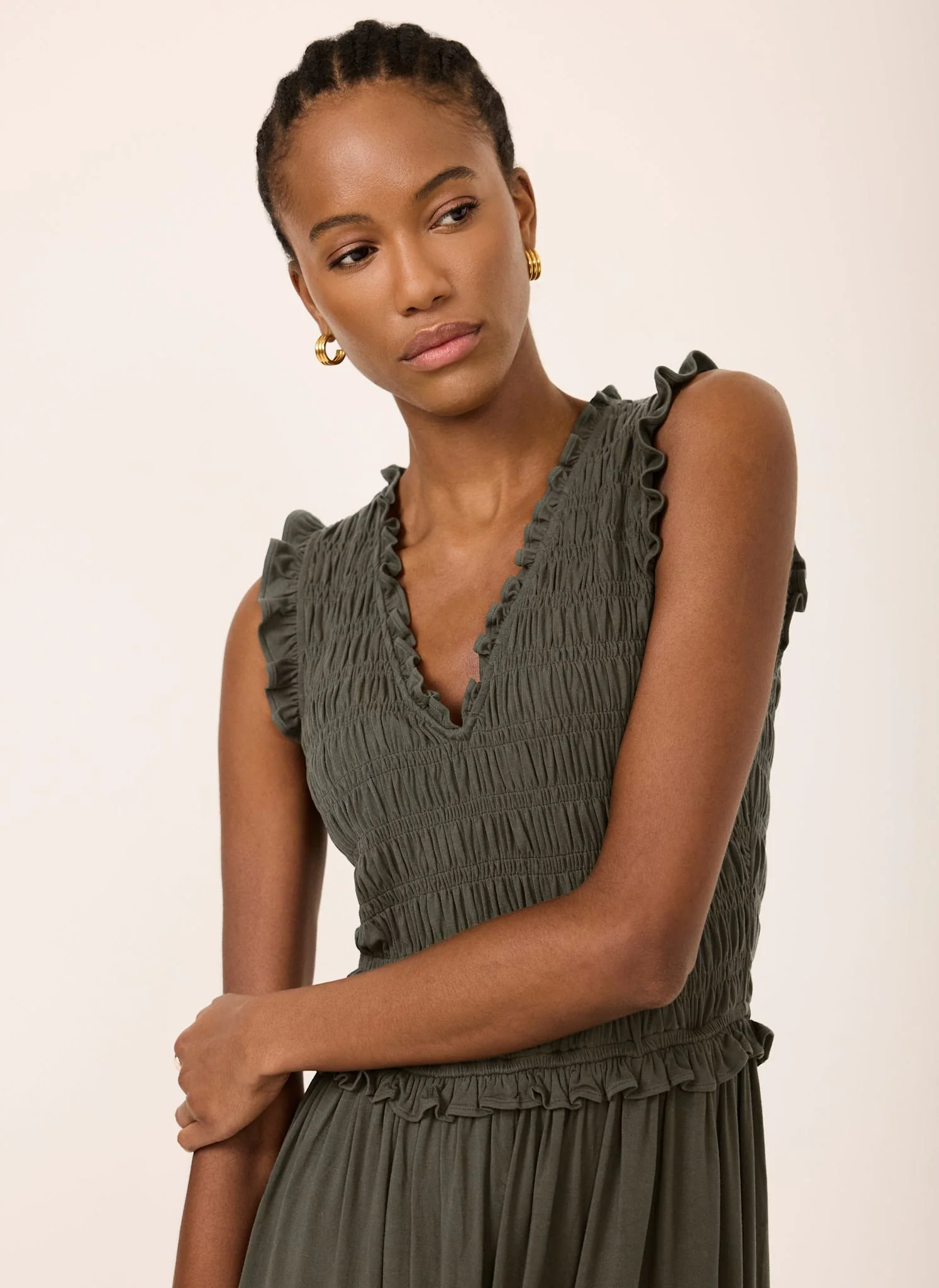 Khaki Shirred Ruffle Midi Dress