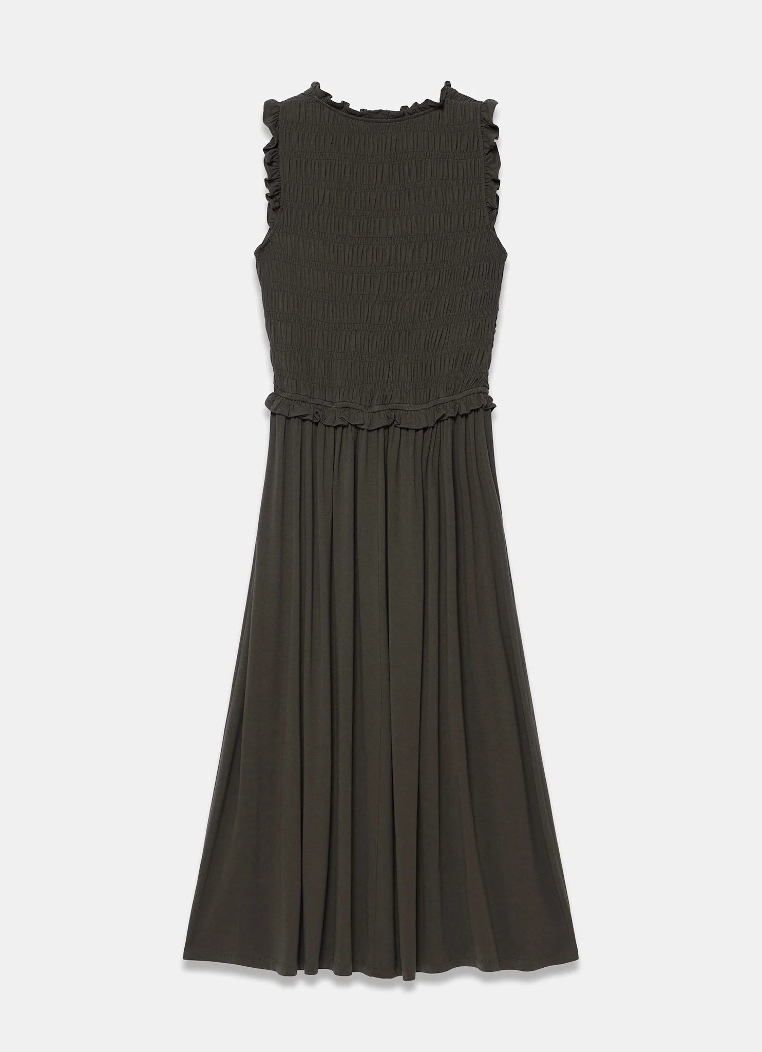 Khaki Shirred Ruffle Midi Dress