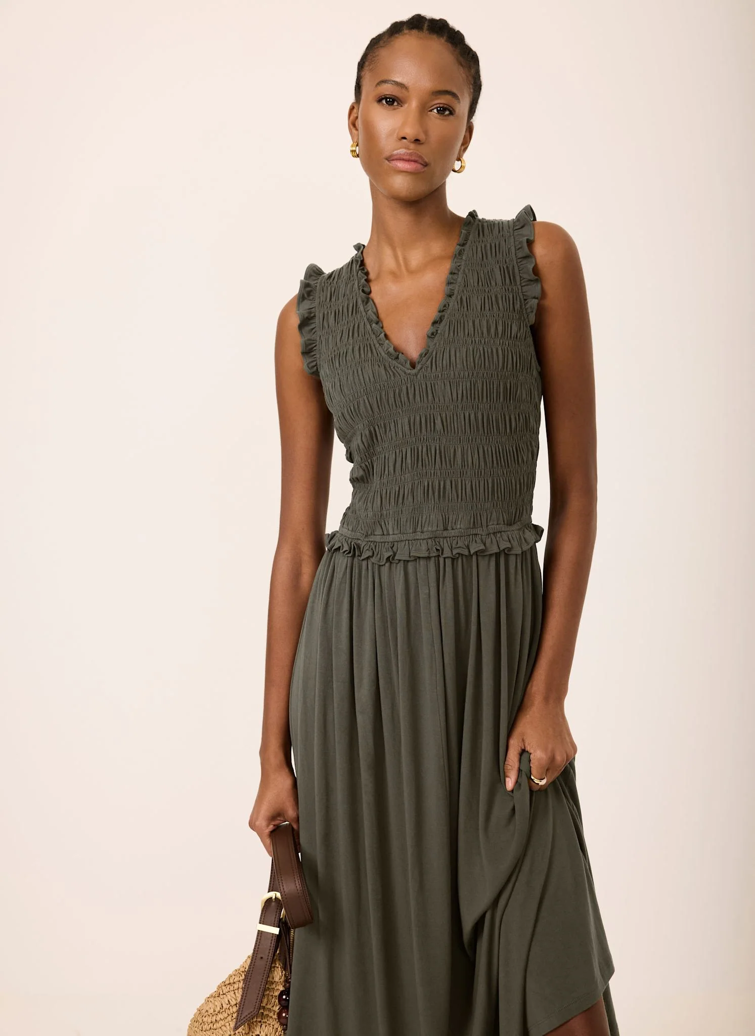Khaki Shirred Ruffle Midi Dress