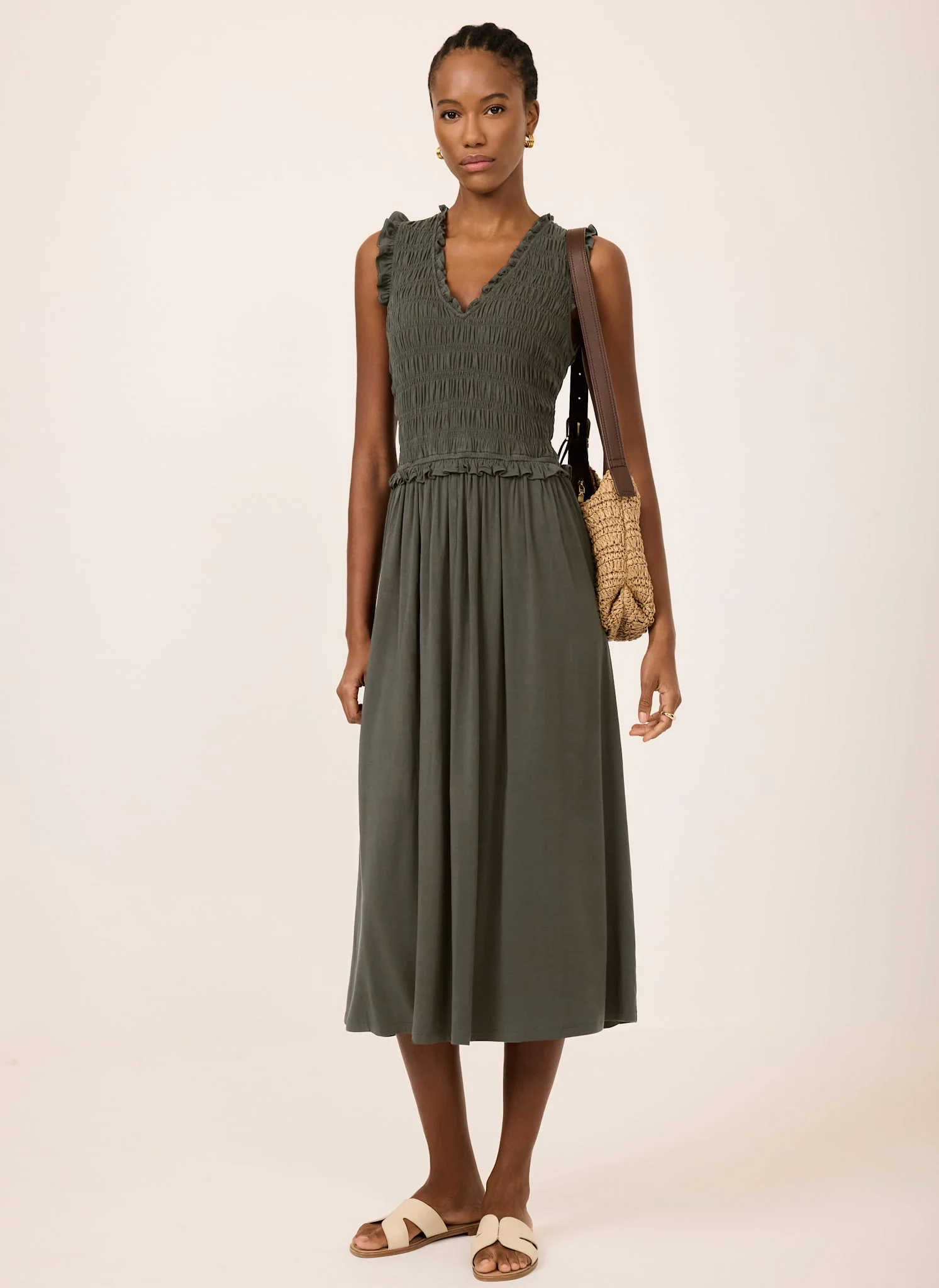 Khaki Shirred Ruffle Midi Dress