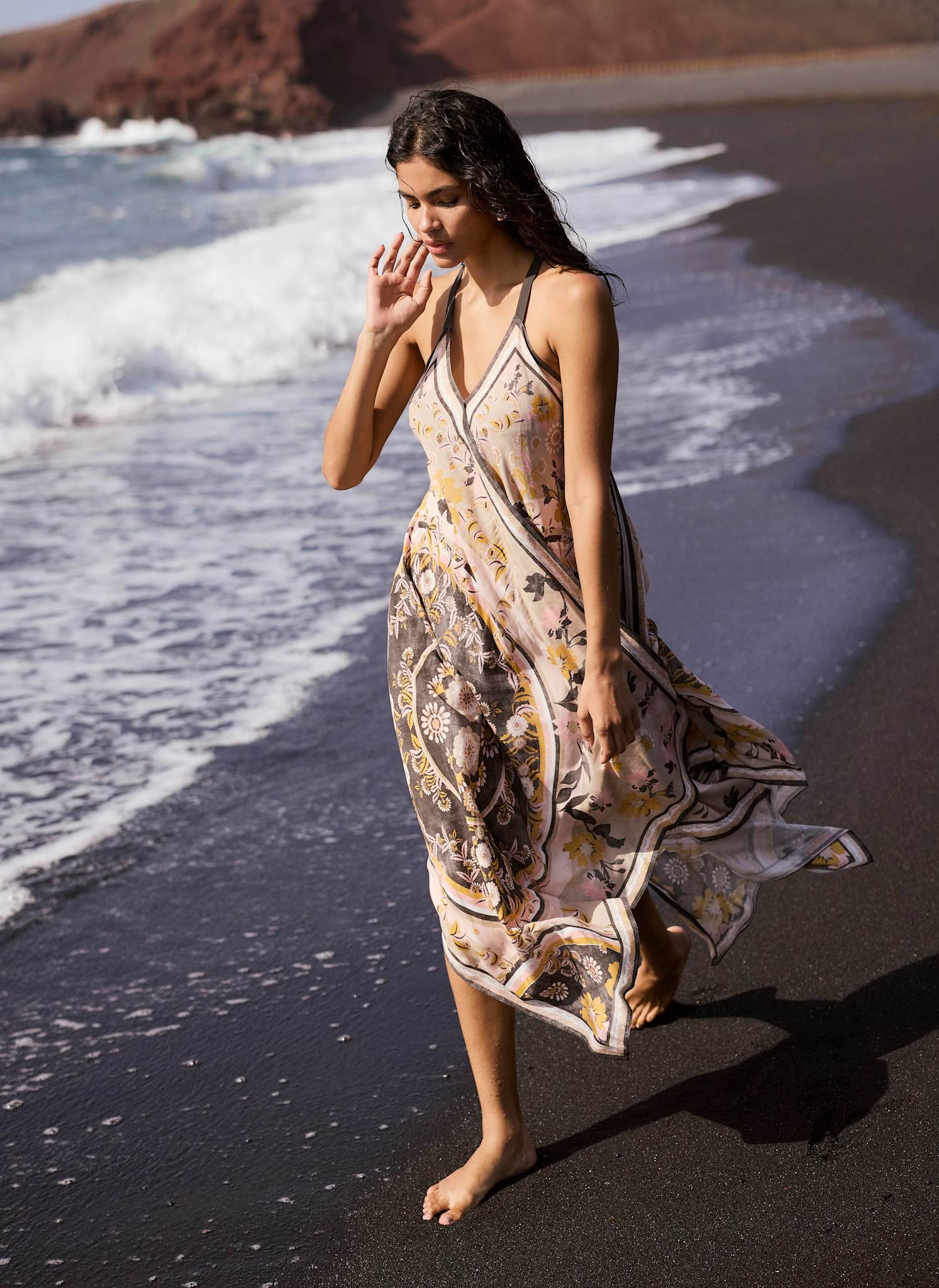 4590-neutral-floral-print-scarf-detail-midi-dress-2.jpg Neutral Floral Print Scarf Detail Midi Dress