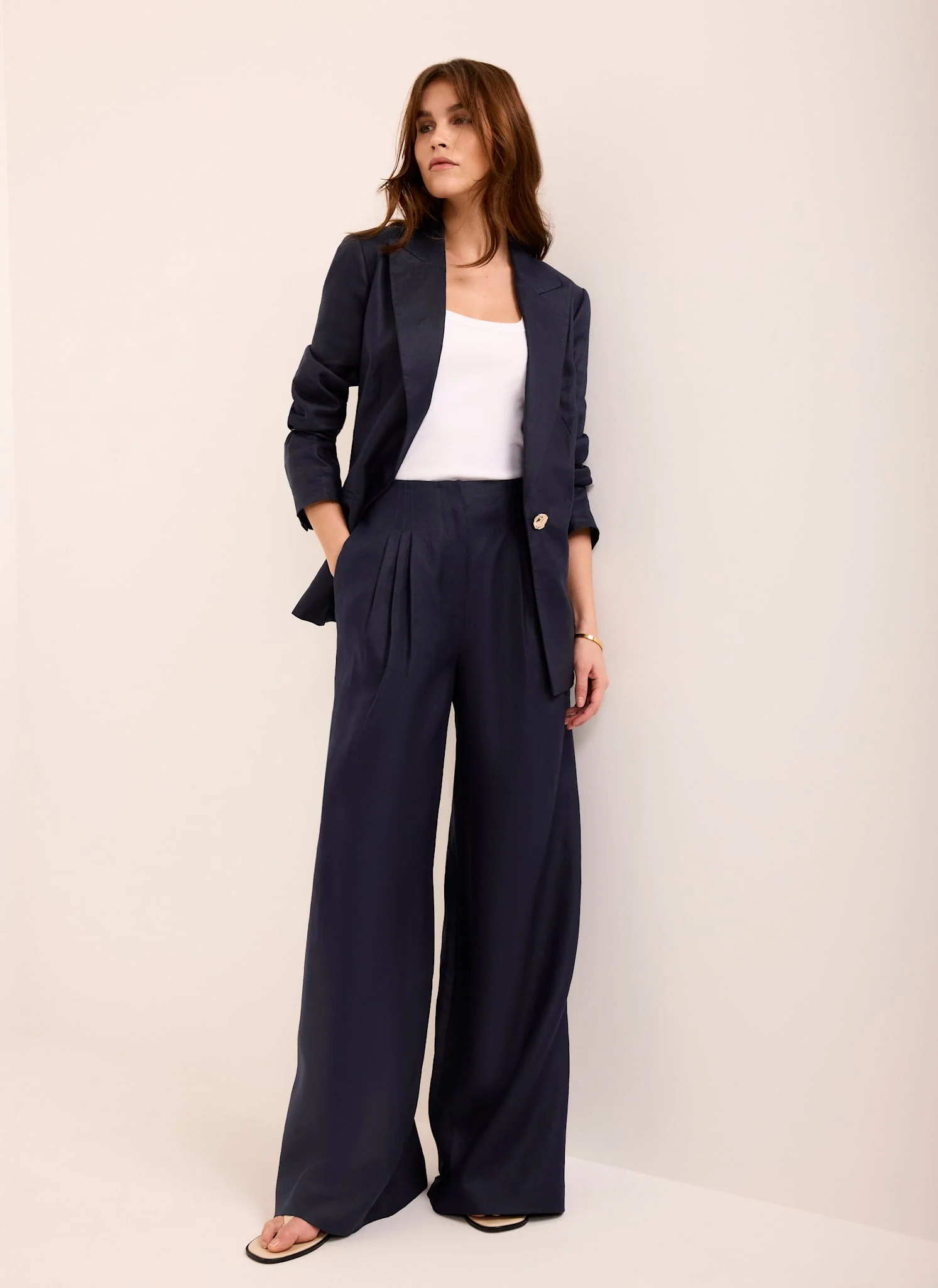 Navy Ramie Wide Leg Trousers