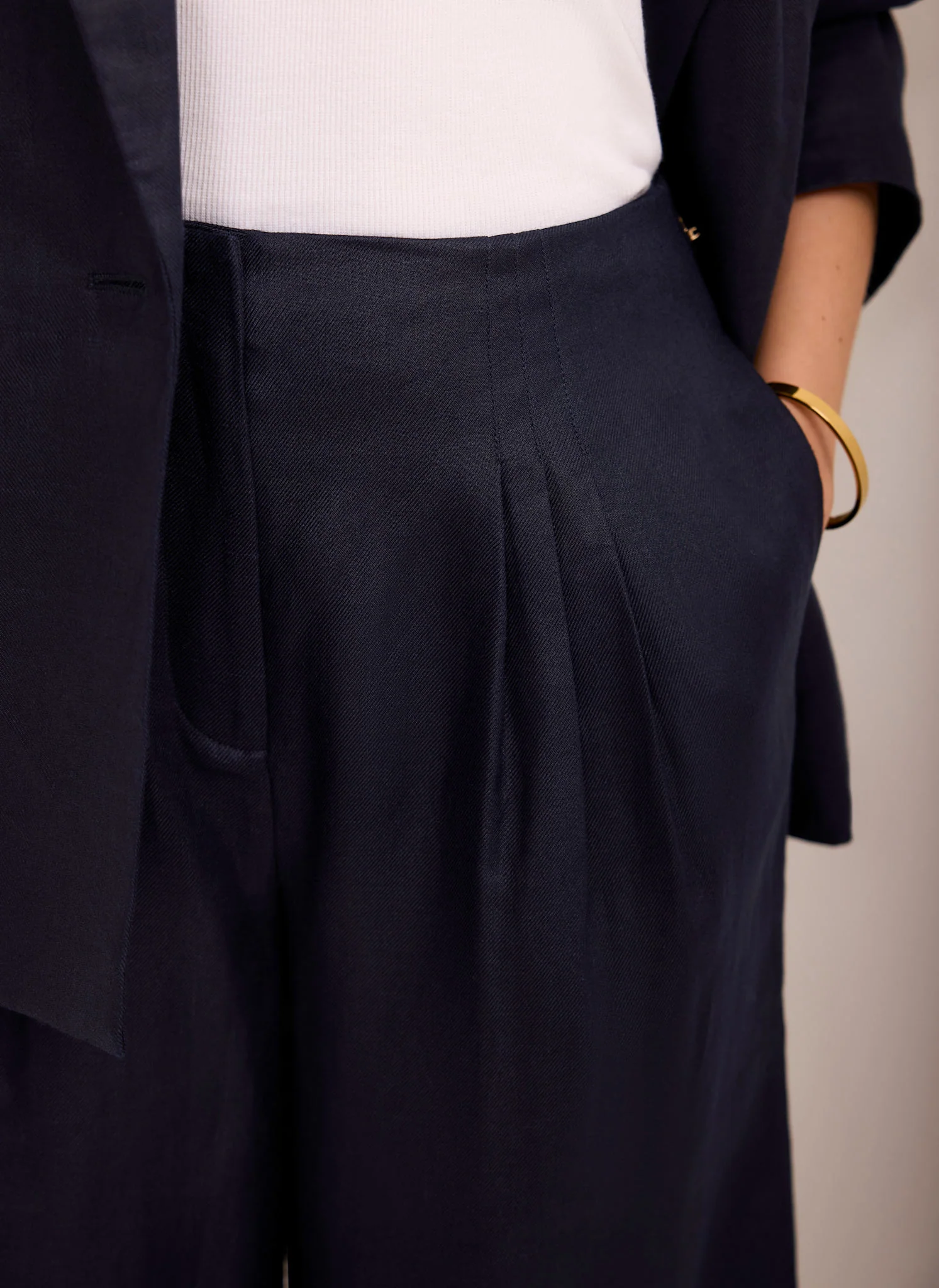 Navy Ramie Wide Leg Trousers
