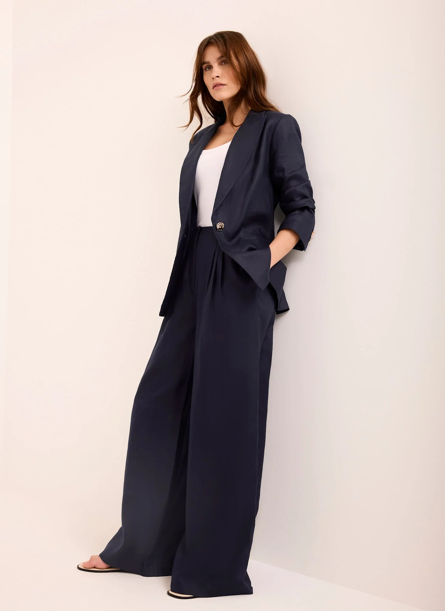 Navy Ramie Wide Leg Trousers