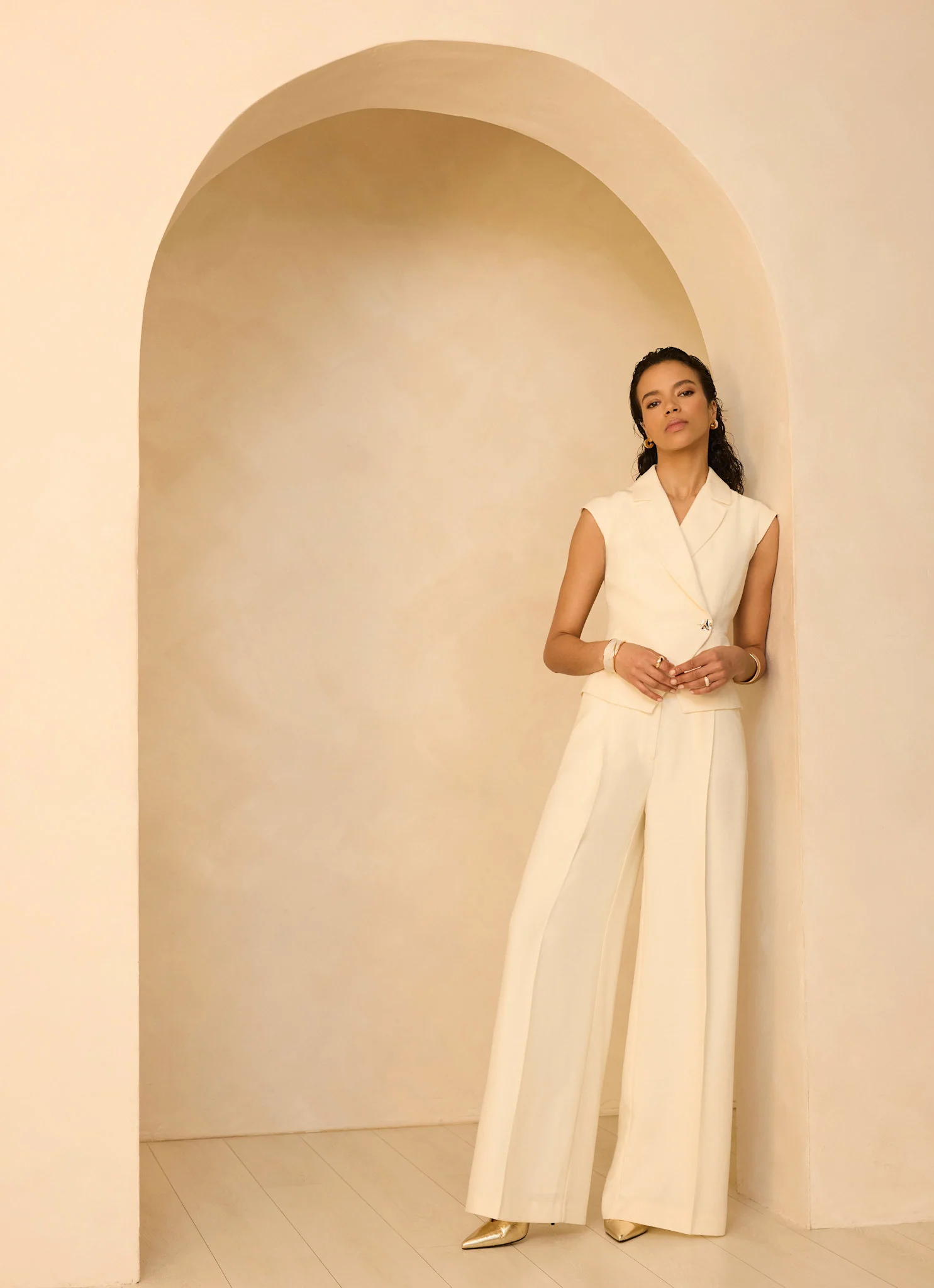 Cream Tailored Wide Leg Trousers