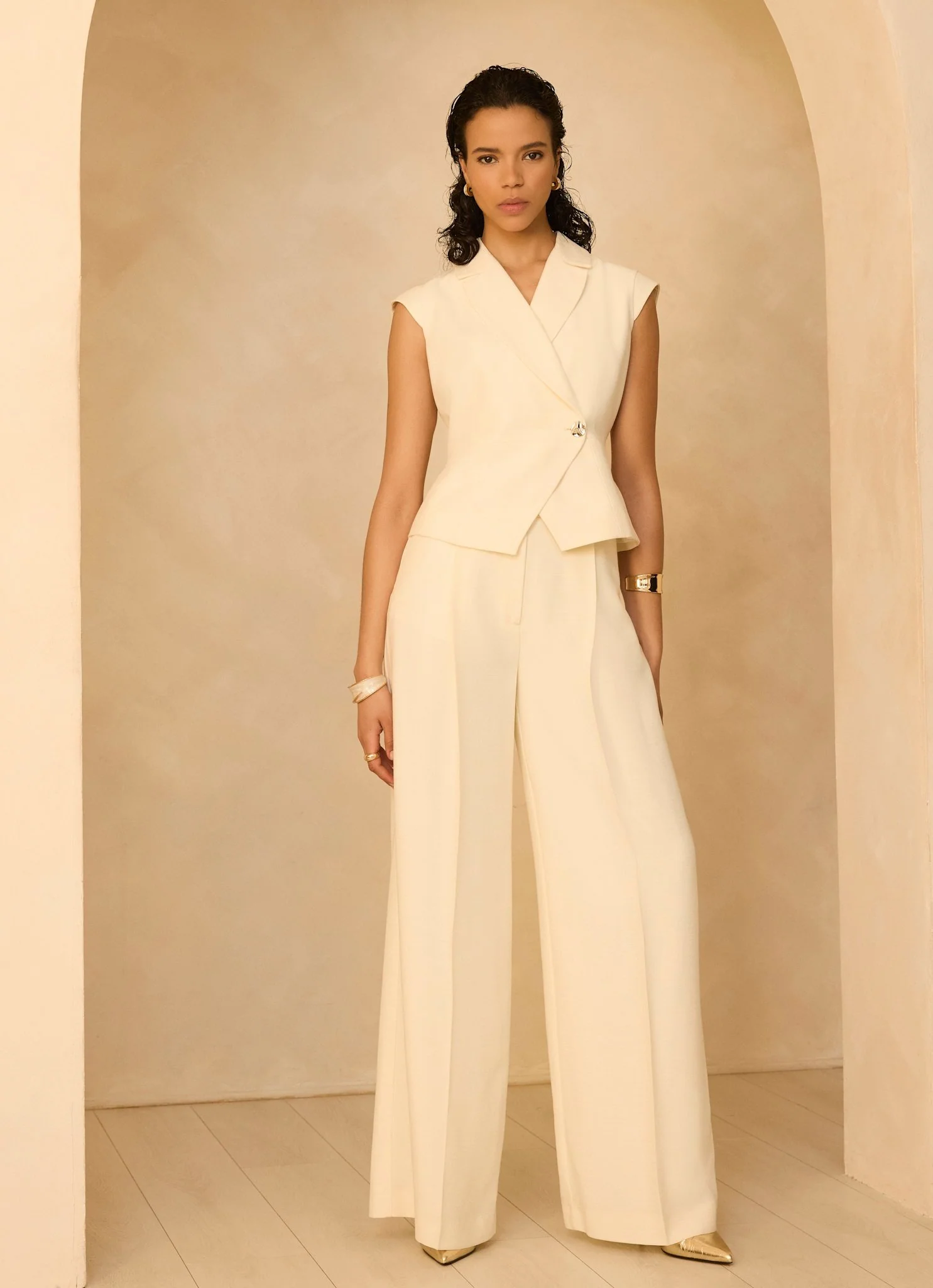 Cream Tailored Wide Leg Trousers