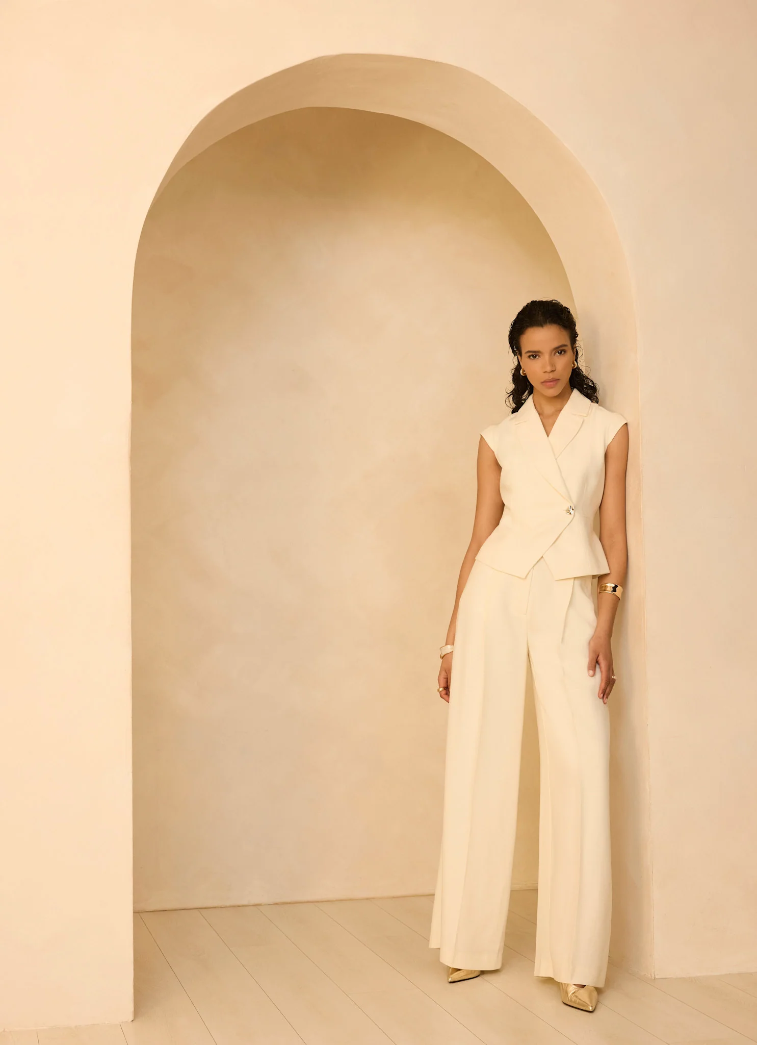Cream Tailored Wide Leg Trousers