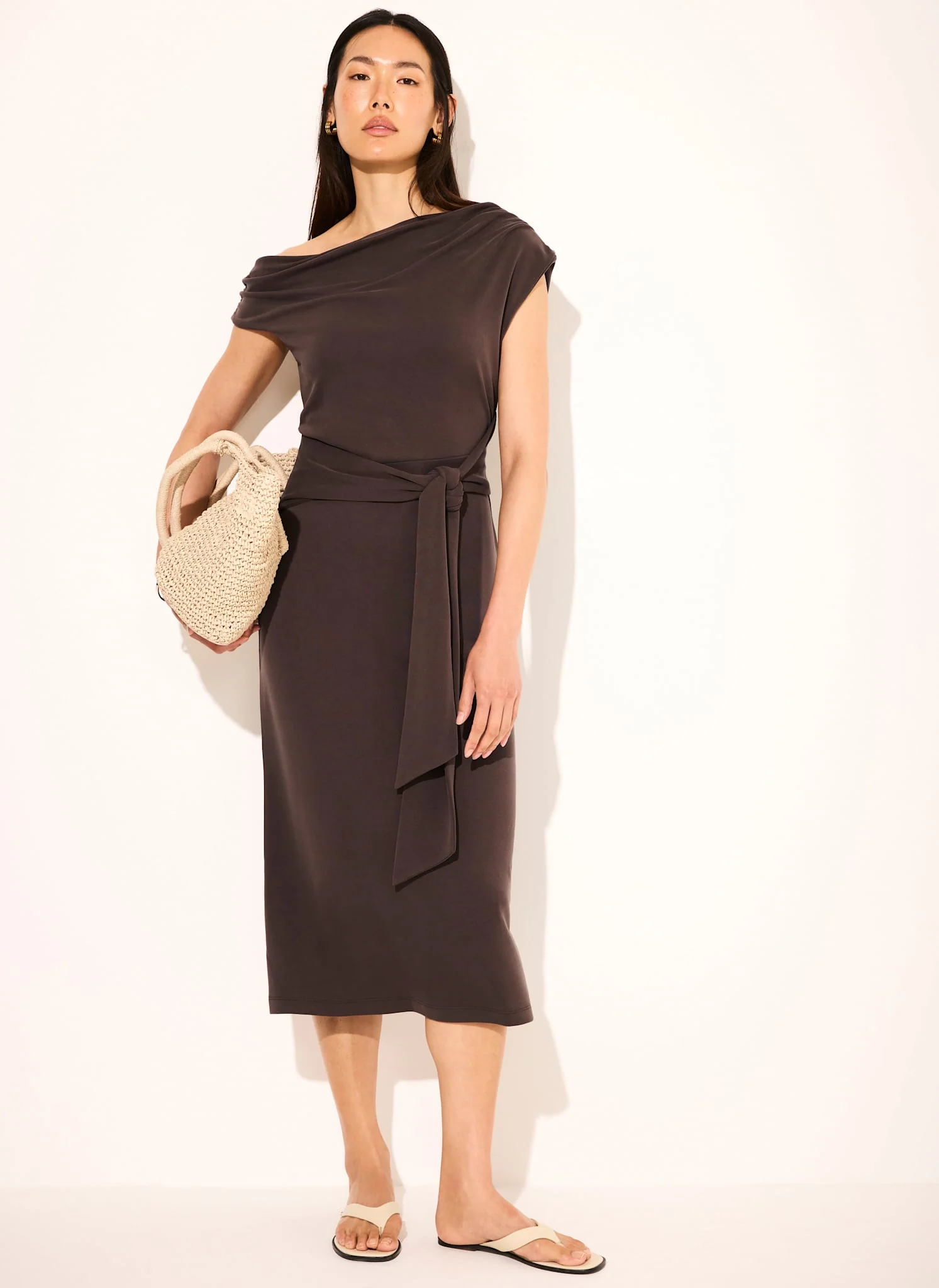 Brown Tie Detail Midi Dress