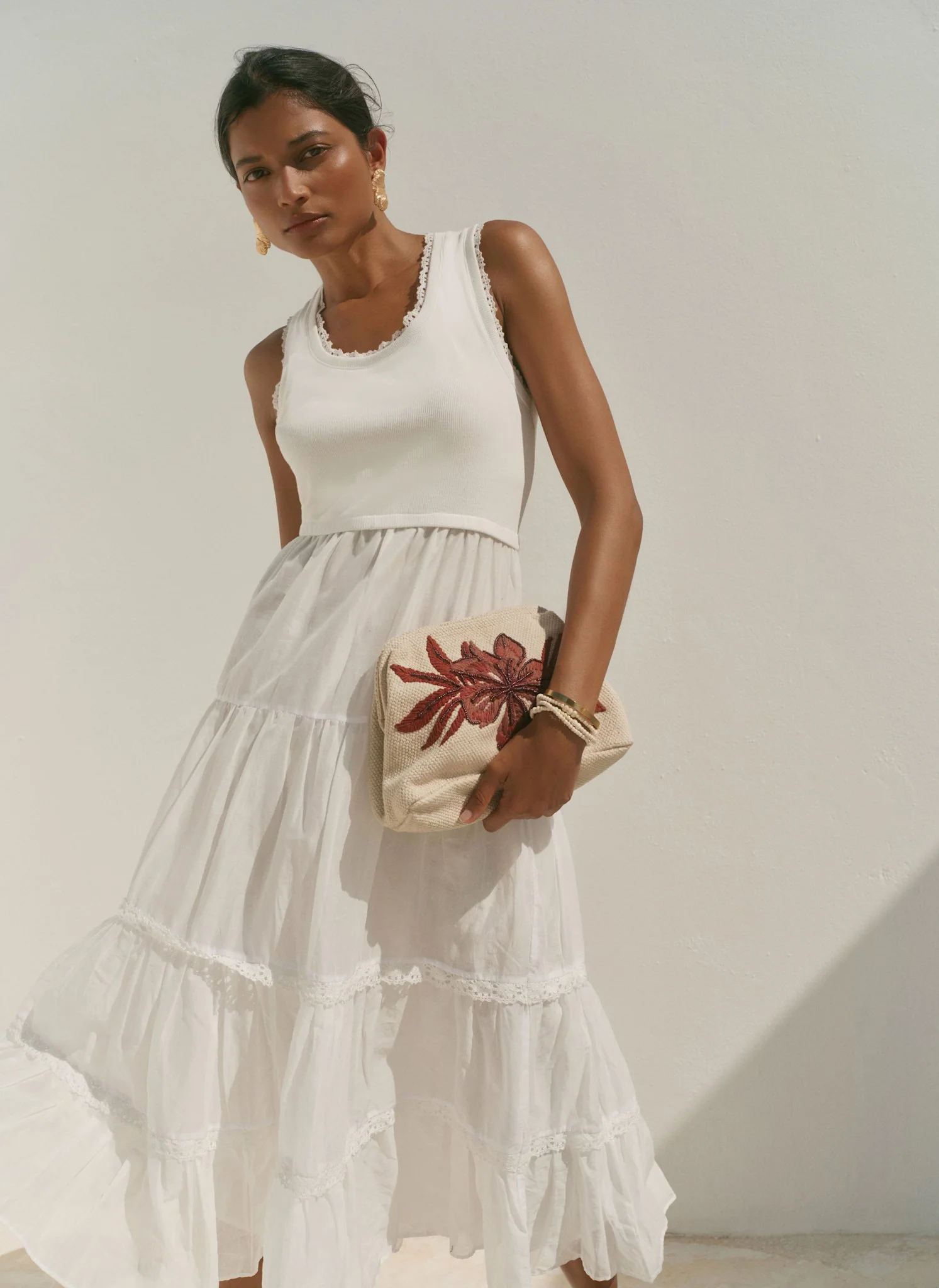 White Crochet Trim Tiered Midi Dress