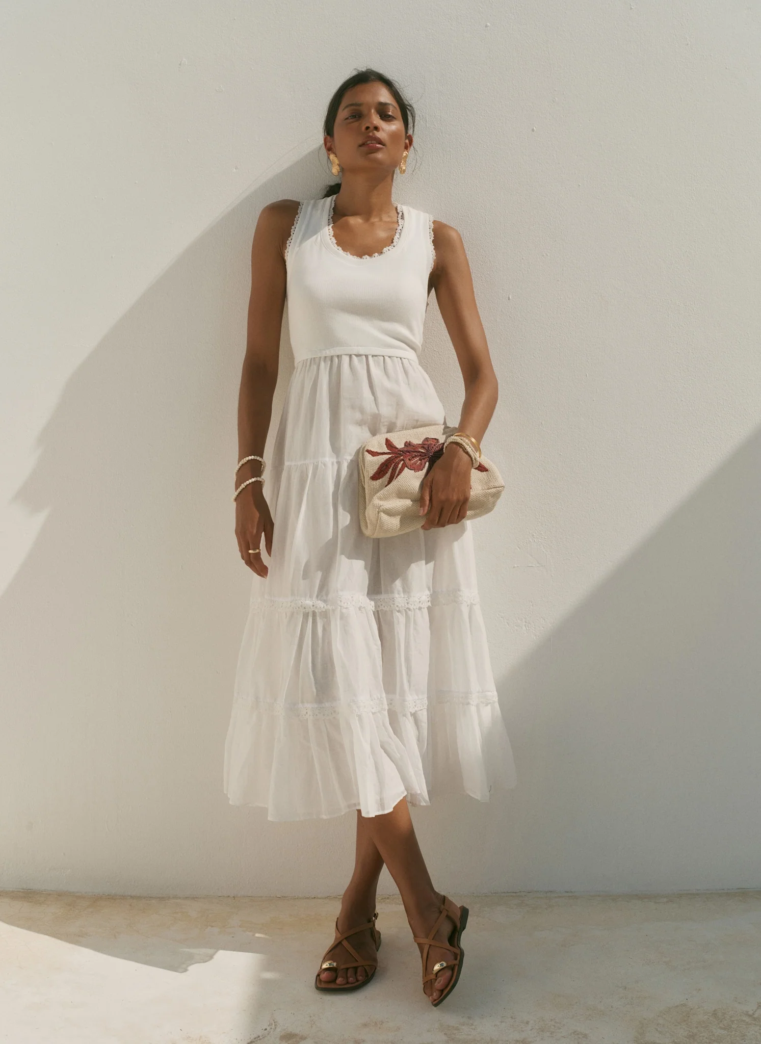 White Crochet Trim Tiered Midi Dress