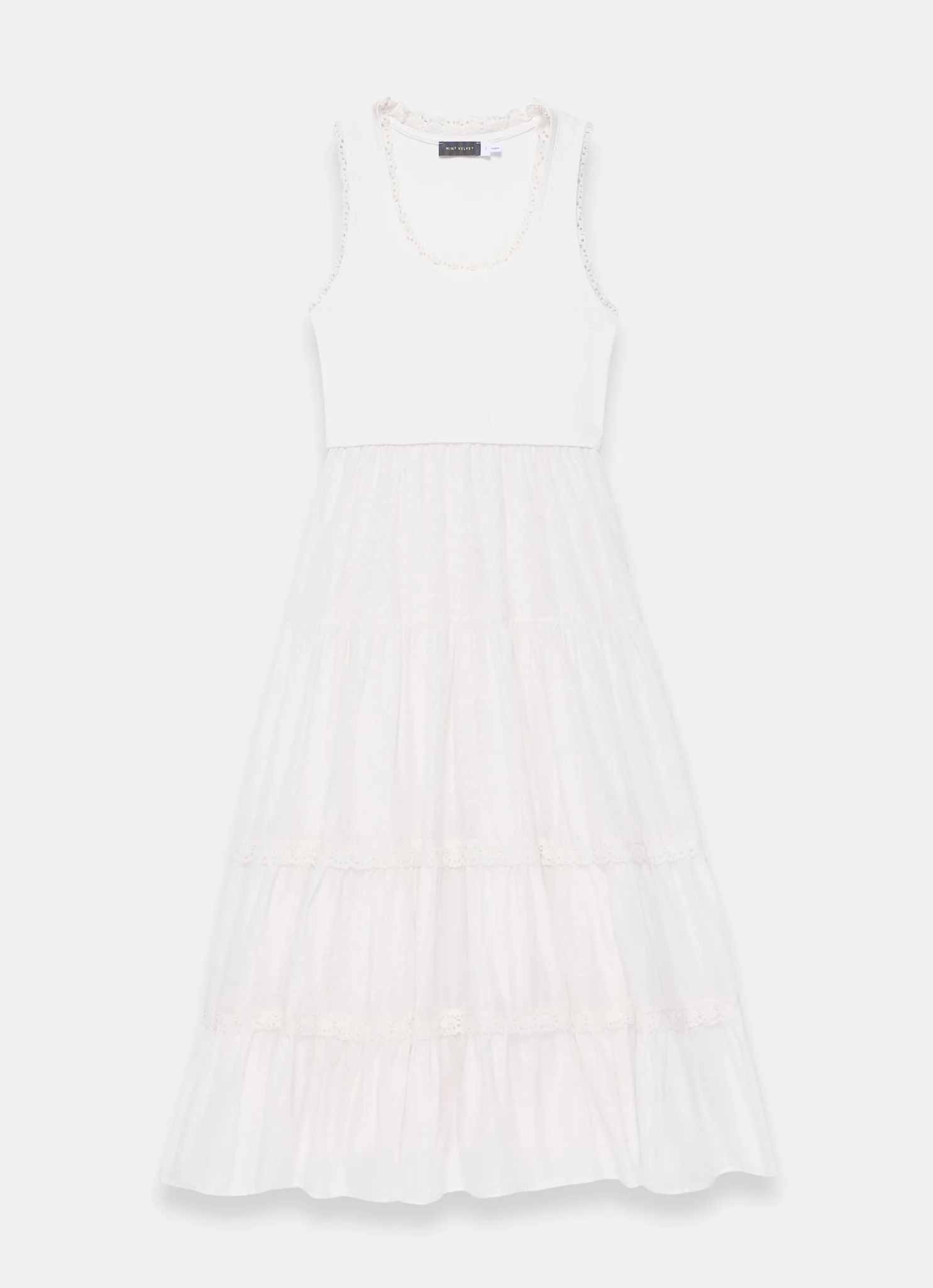 White Crochet Trim Tiered Midi Dress