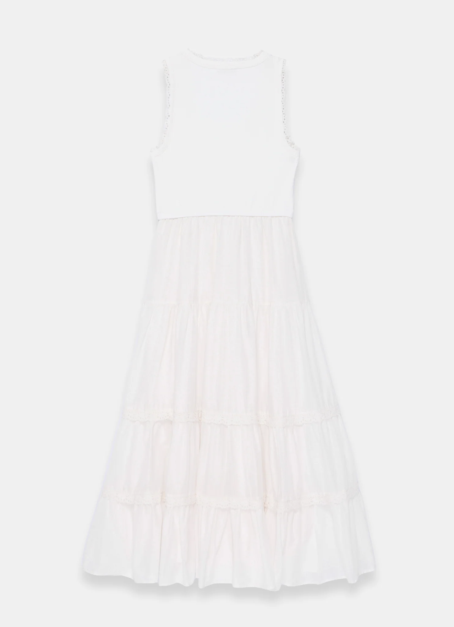 White Crochet Trim Tiered Midi Dress