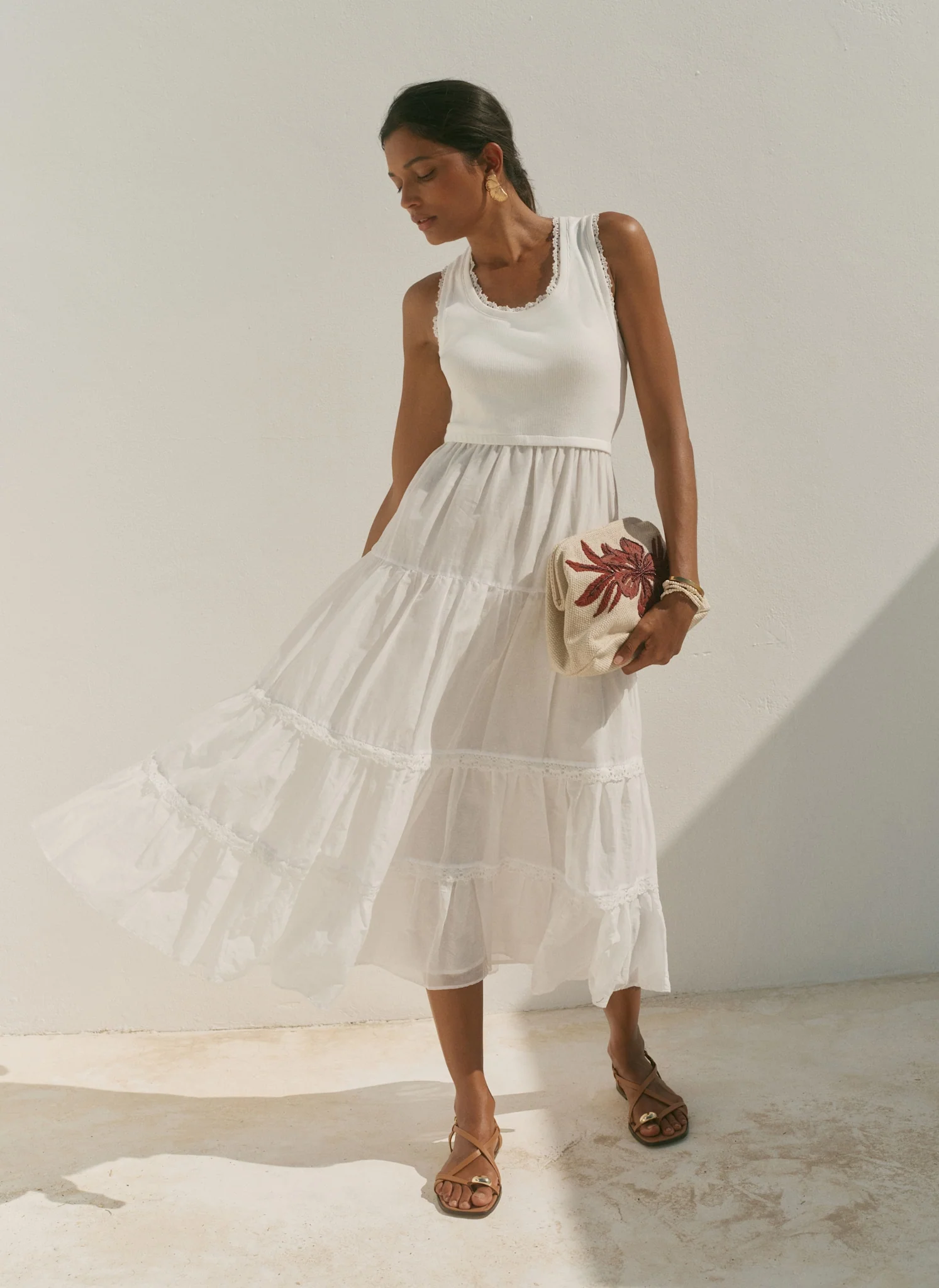White Crochet Trim Tiered Midi Dress