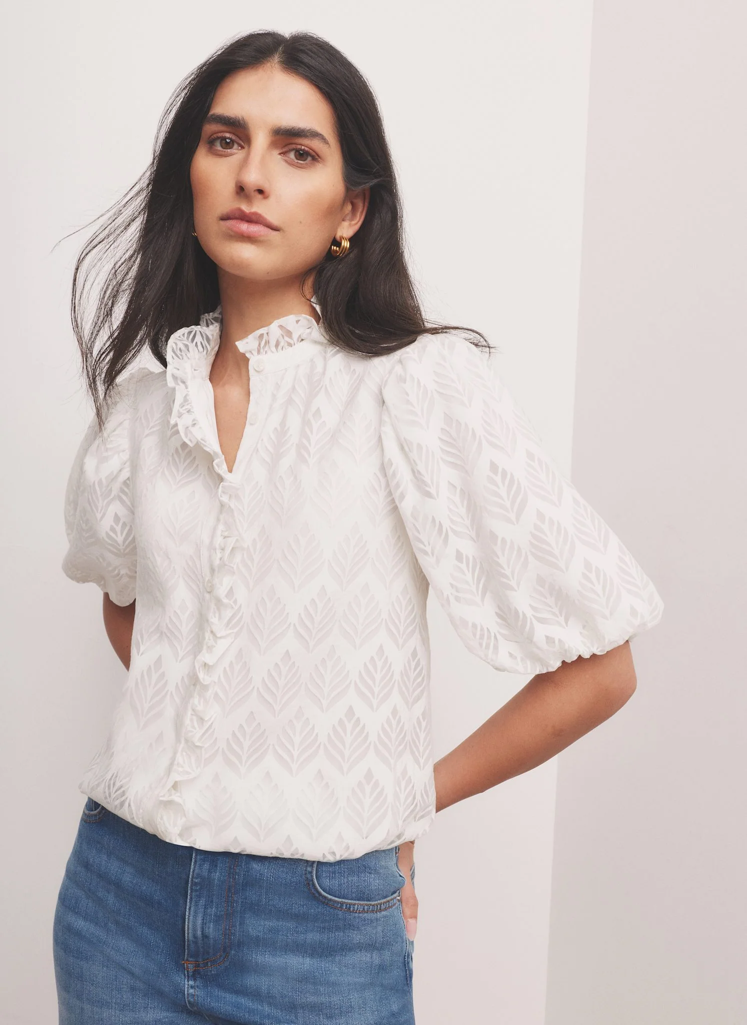 White Jacquard Ruffle Blouse