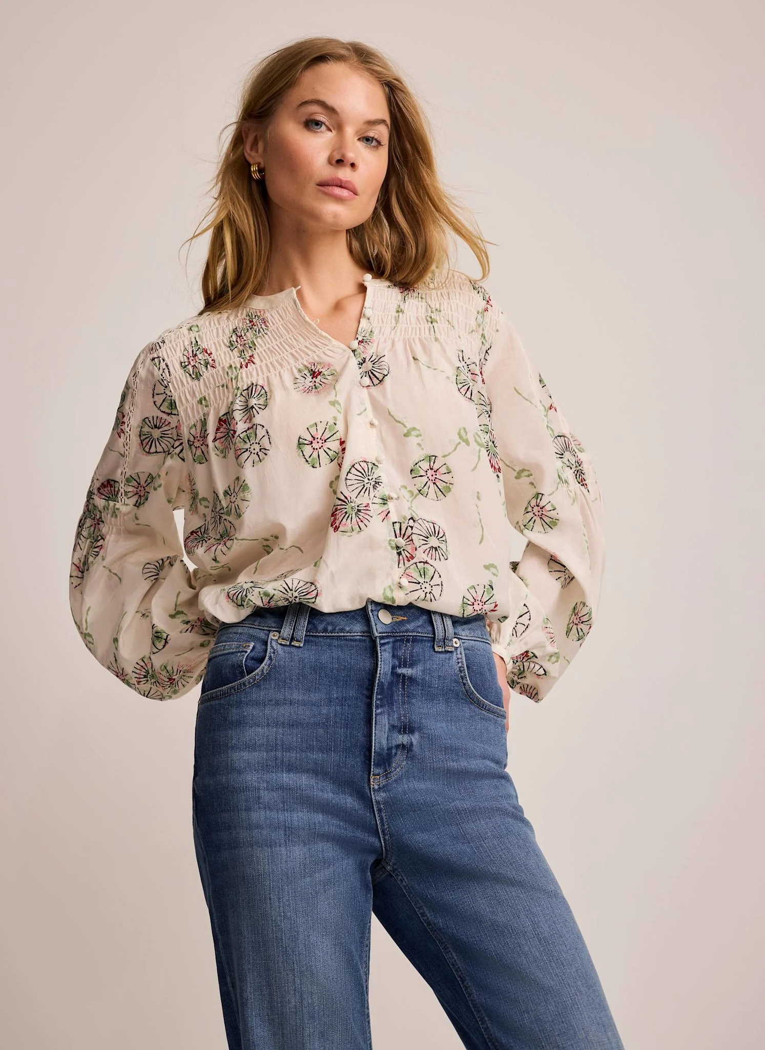 4790-cream-shirred-printed-blouse-2.webp Cream Shirred Printed Blouse