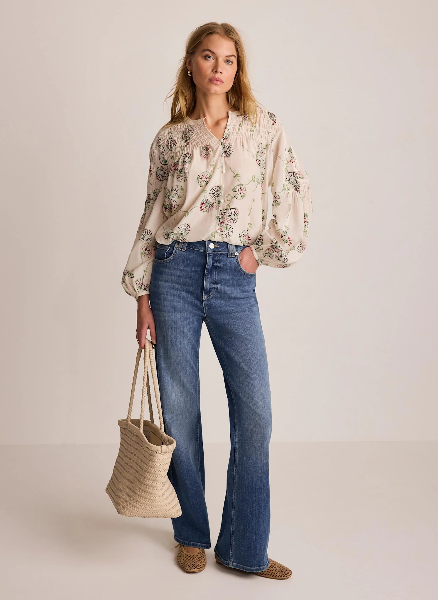 4790-cream-shirred-printed-blouse-4.webp Cream Shirred Printed Blouse