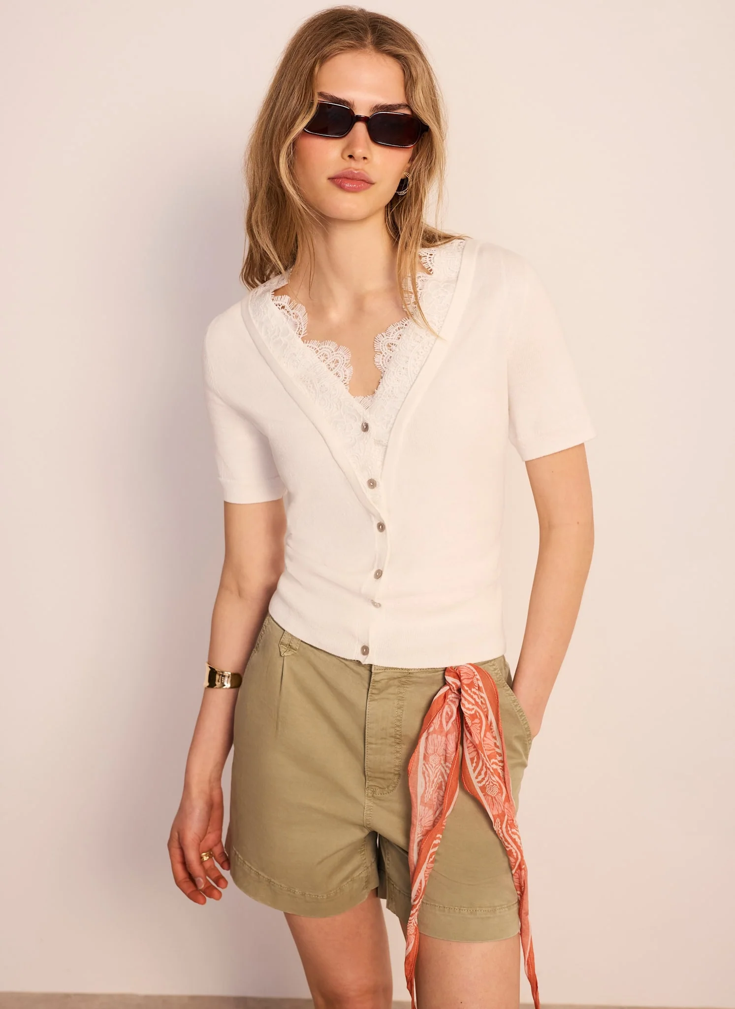 Cream Cotton Lace Trim Top