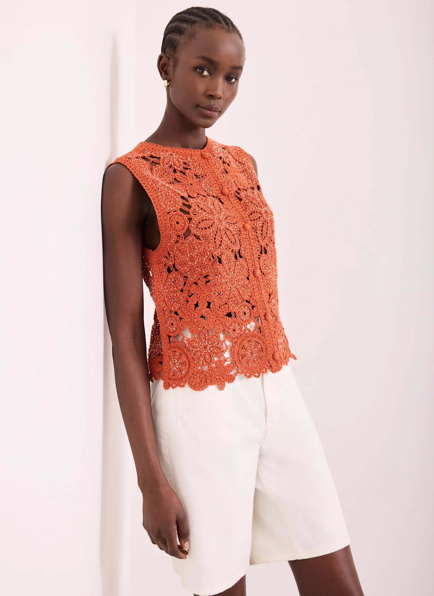 487-orange-cotton-blend-crochet-embellished-waistcoat-2.webp Orange Cotton Blend Crochet Embellished Waistcoat