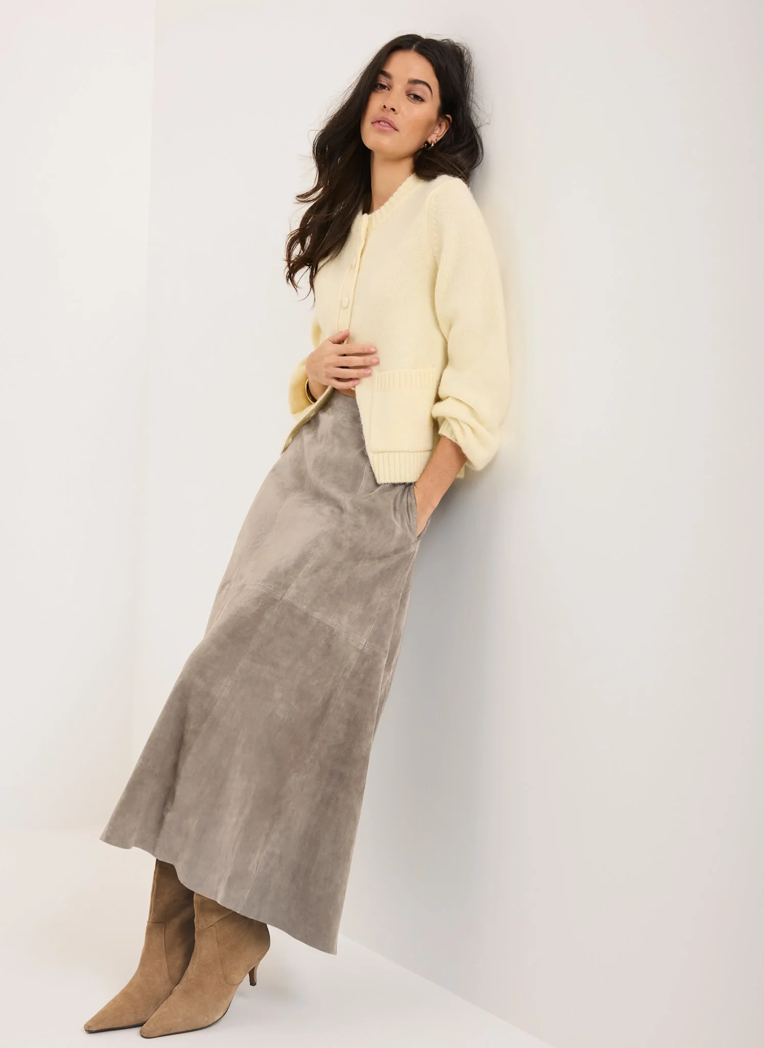 Brown Suede Full Midi Skirt