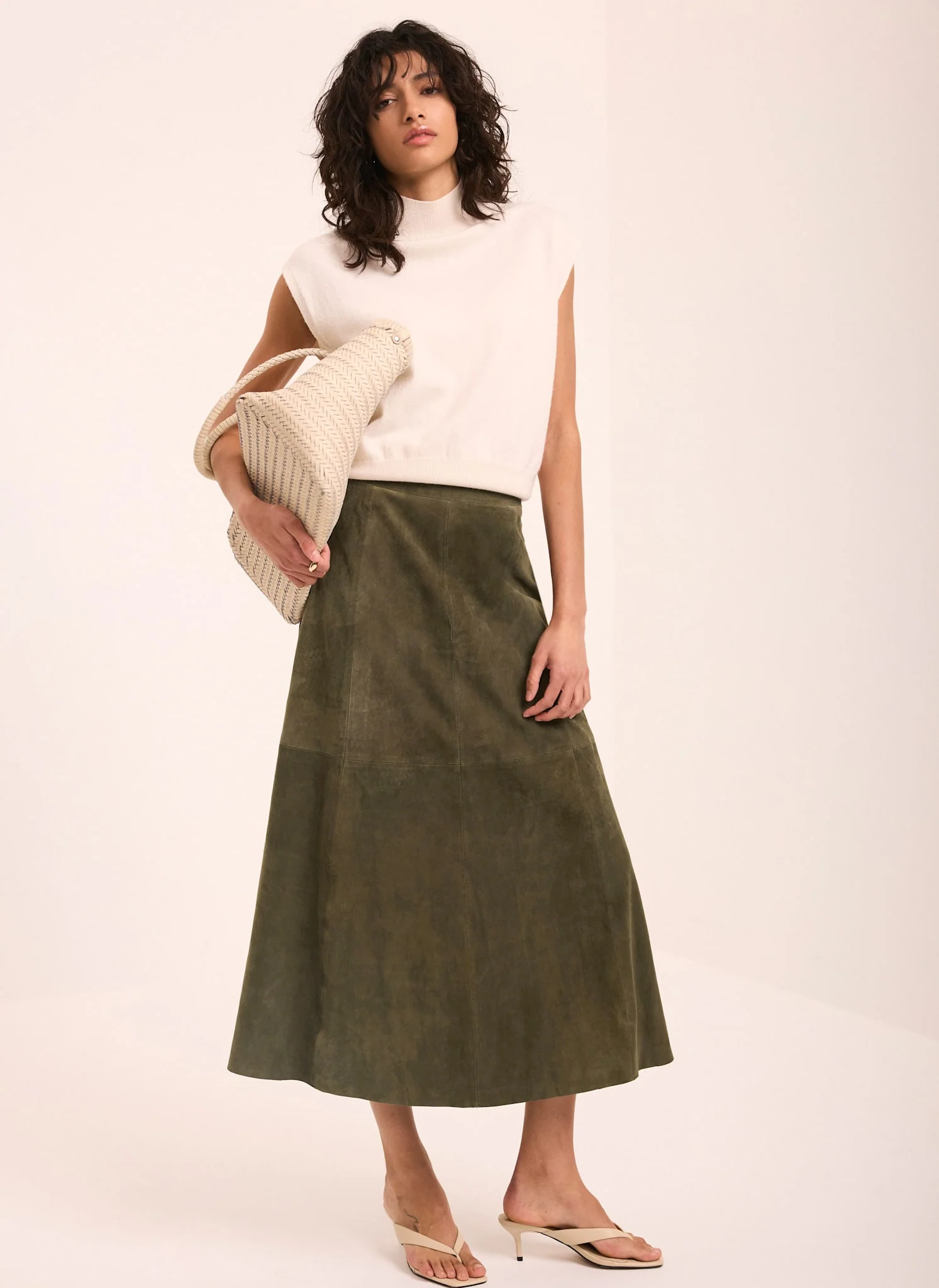 Khaki Suede Full Midi Skirt