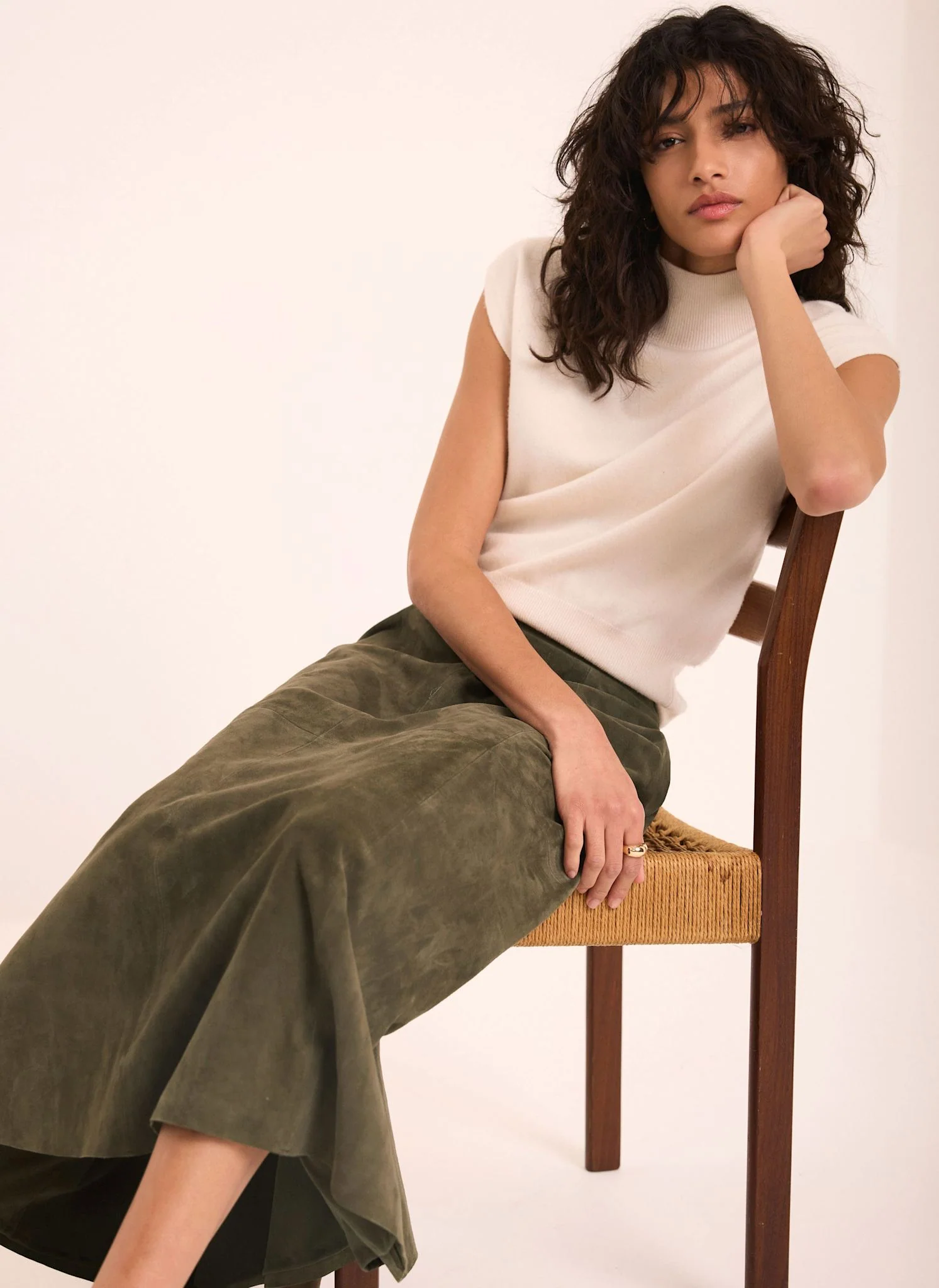 Khaki Suede Full Midi Skirt