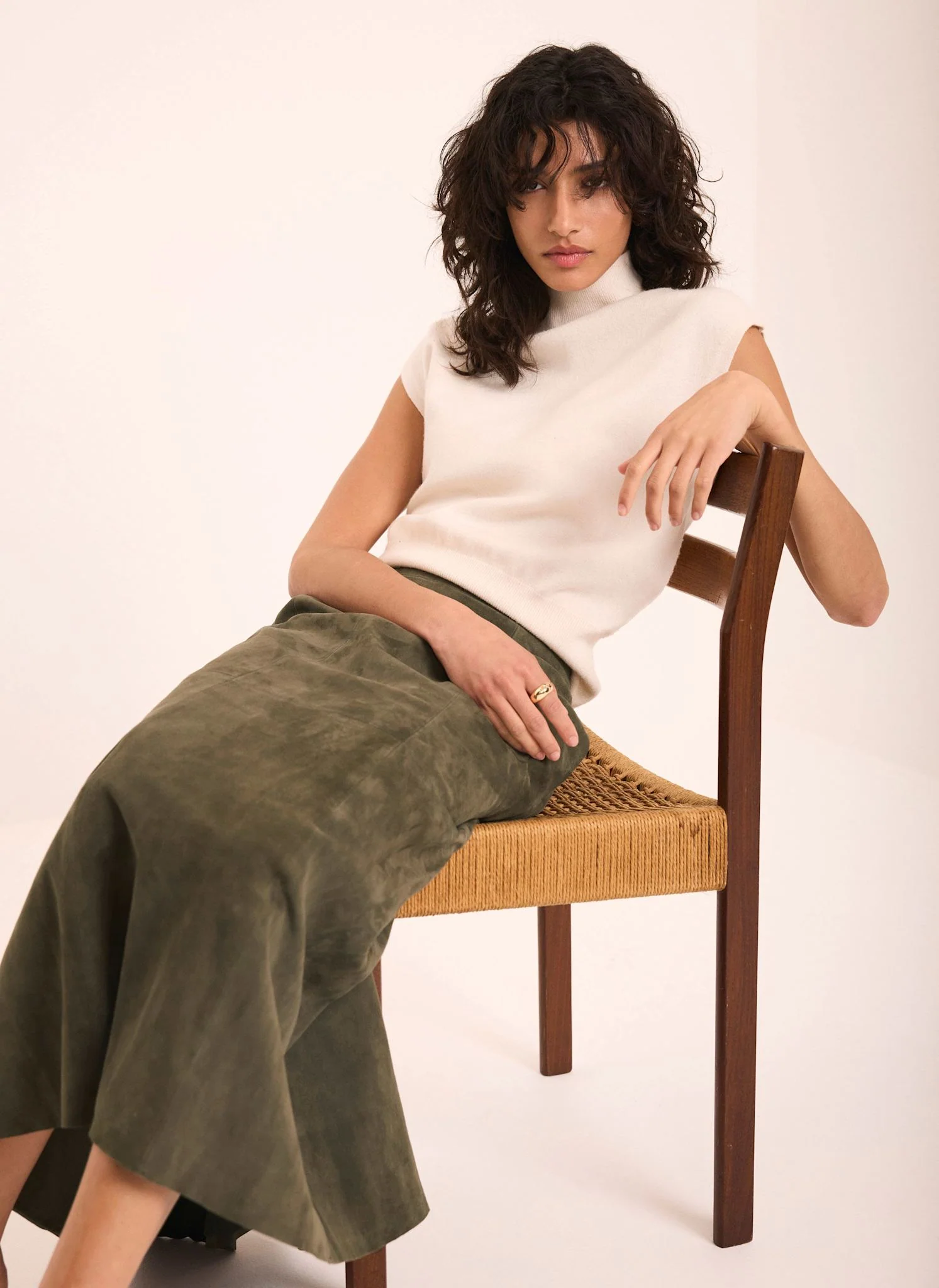 Khaki Suede Full Midi Skirt