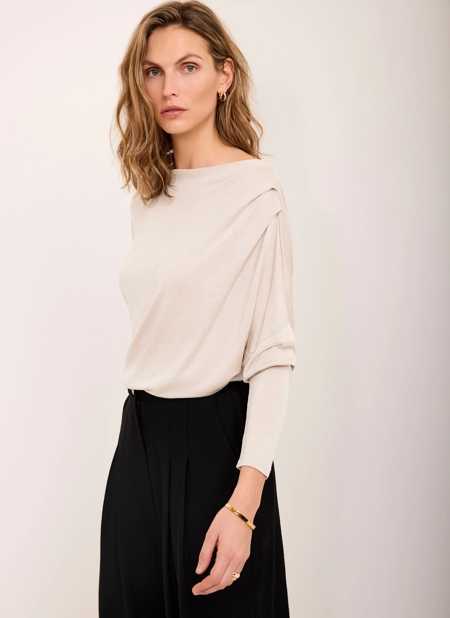Neutral Metallic Ruched Long Sleeve Top