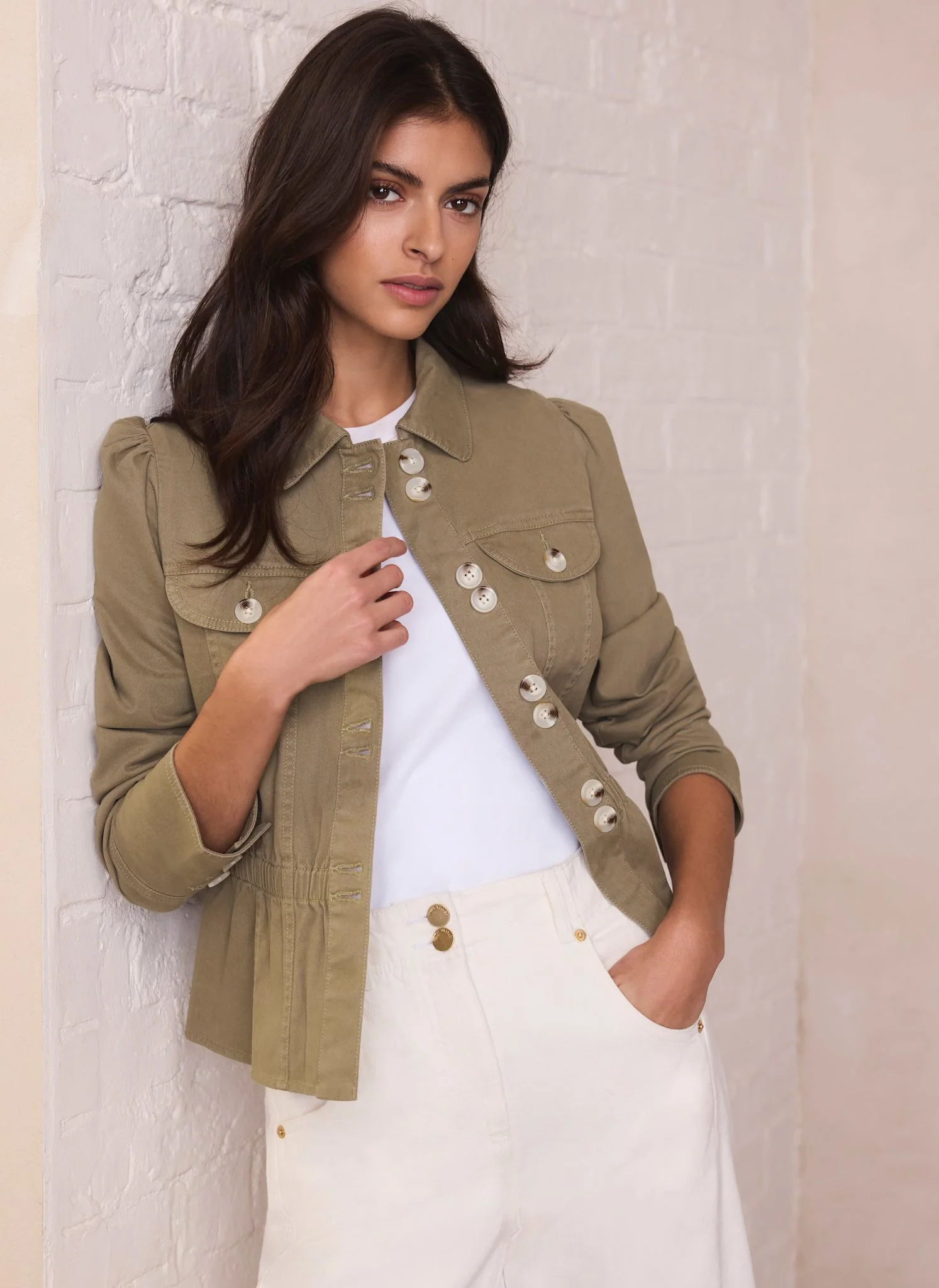 Khaki Cotton Blend Peplum Jacket