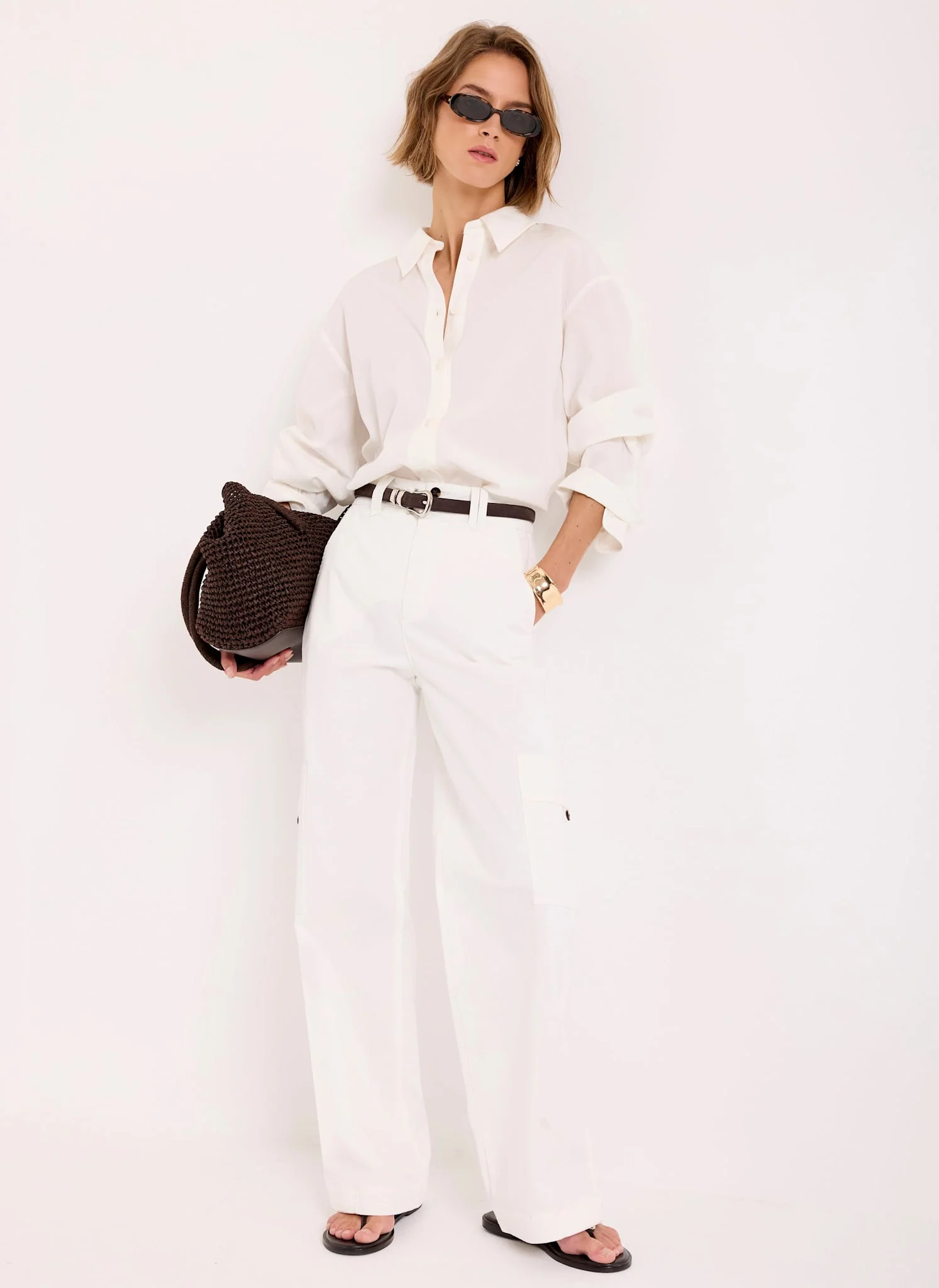 White Utility Chino Wide Leg Trousers