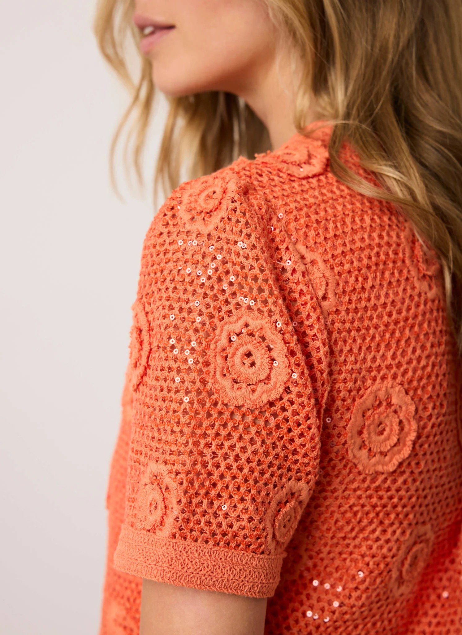 Orange Cotton Sequin Flower Crochet Top