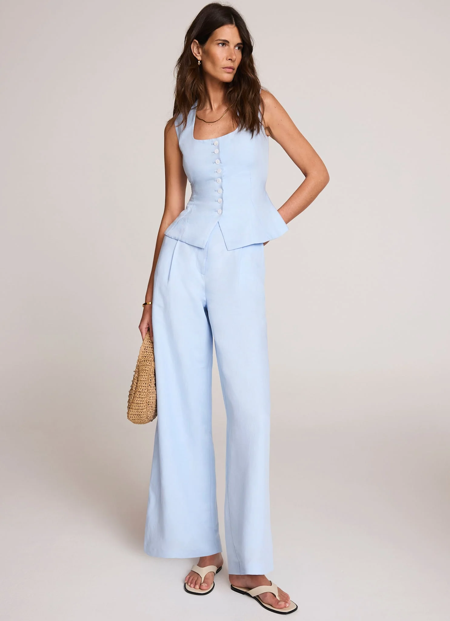 Pale Blue Linen Blend Peplum Waistcoat