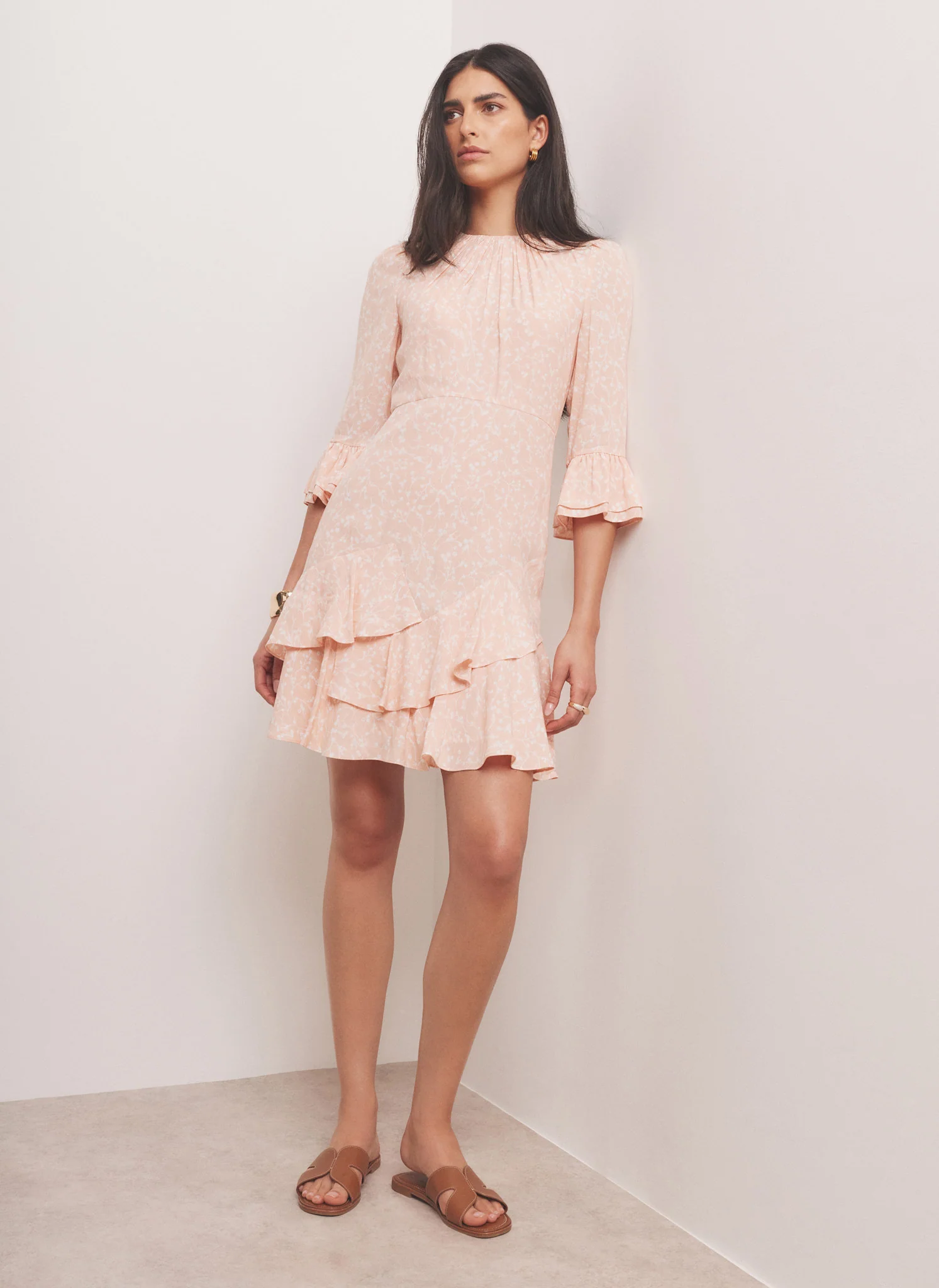 5078-pink-floral-print-ruffle-mini-dress-1.webp Pink Floral Print Ruffle Mini Dress